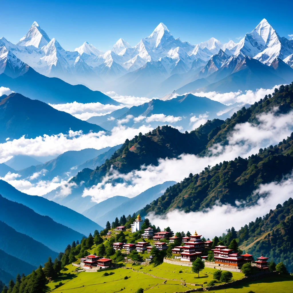 The Himalayas towered majestically in the distance, their snow-capped peaks stretching toward the sky like icy fingers. As observers get closer, they can see the mountains shrouded in a layer of mist and clouds, with rugged slopes and jagged ridges softened by diffuse light. The air was clean and clear, with pine and juniper in the breeze. Beneath the mountains, valleys stretch out in a patchwork of green terraces, with glistening streams and waterfalls visible in the distance. Clusters of colorful houses dot the hillside, with bright paint and ornate decorations standing out against the surrounding landscape. Monasteries or temples can be seen here and there on the top of the hill, their white walls glistening in the sunlight. Prayer flags fluttering in the wind, bright colors contrasting with the soft tones of the mountains, HDR, UHD, 64K