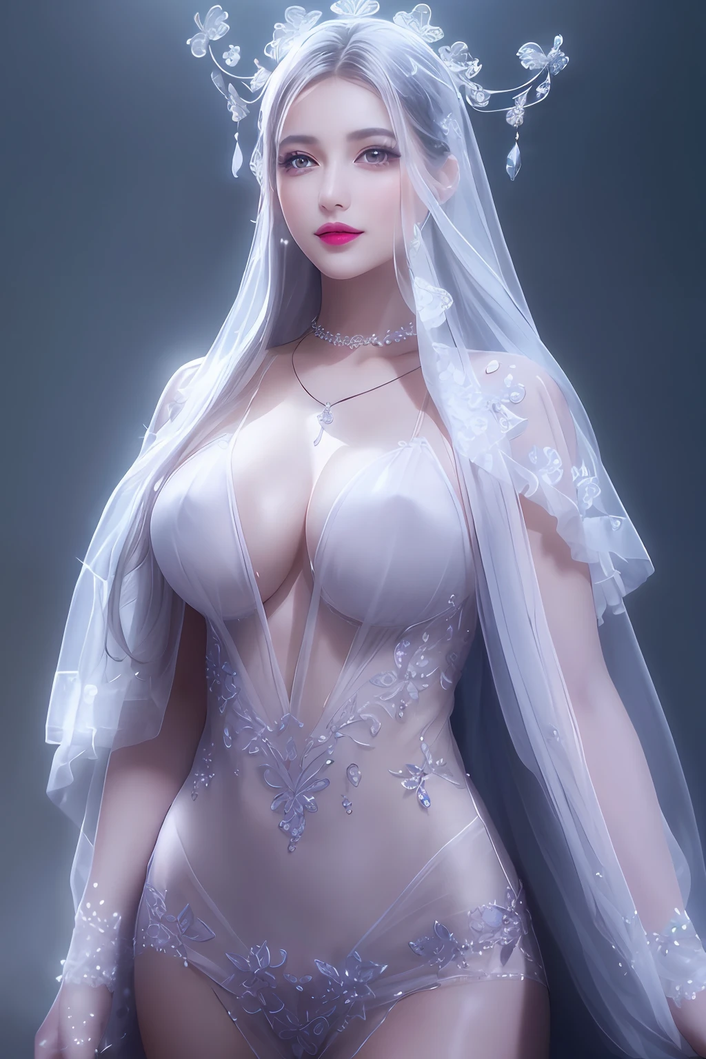 Delicate necklace, best quality, super high definition, RAW photo, photorealism: 1.25), (bright lip gloss, long eyelashes, smooth face, bright skin, natural shadows, wide lighting, wide field lighting, depth of field, Strong colors, subtle caustics: 0.8), smile, (big breasts), white underwear,
