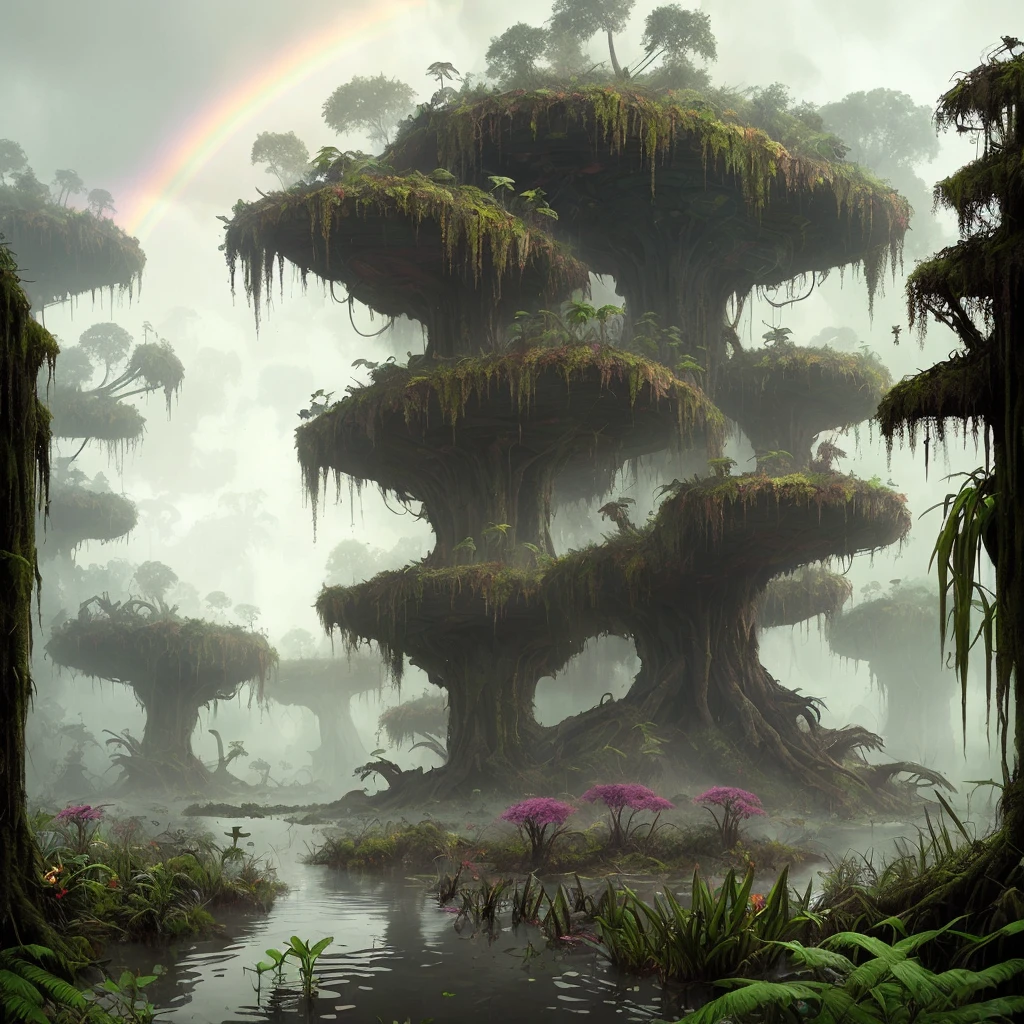 stalenhag, (dense alien jungle swamp: 1.3), (lots of weird unusual rainbow flowers: 1.3), sci-fi, hdr, 8k, 4k, octane renderer, very detailed, artstation