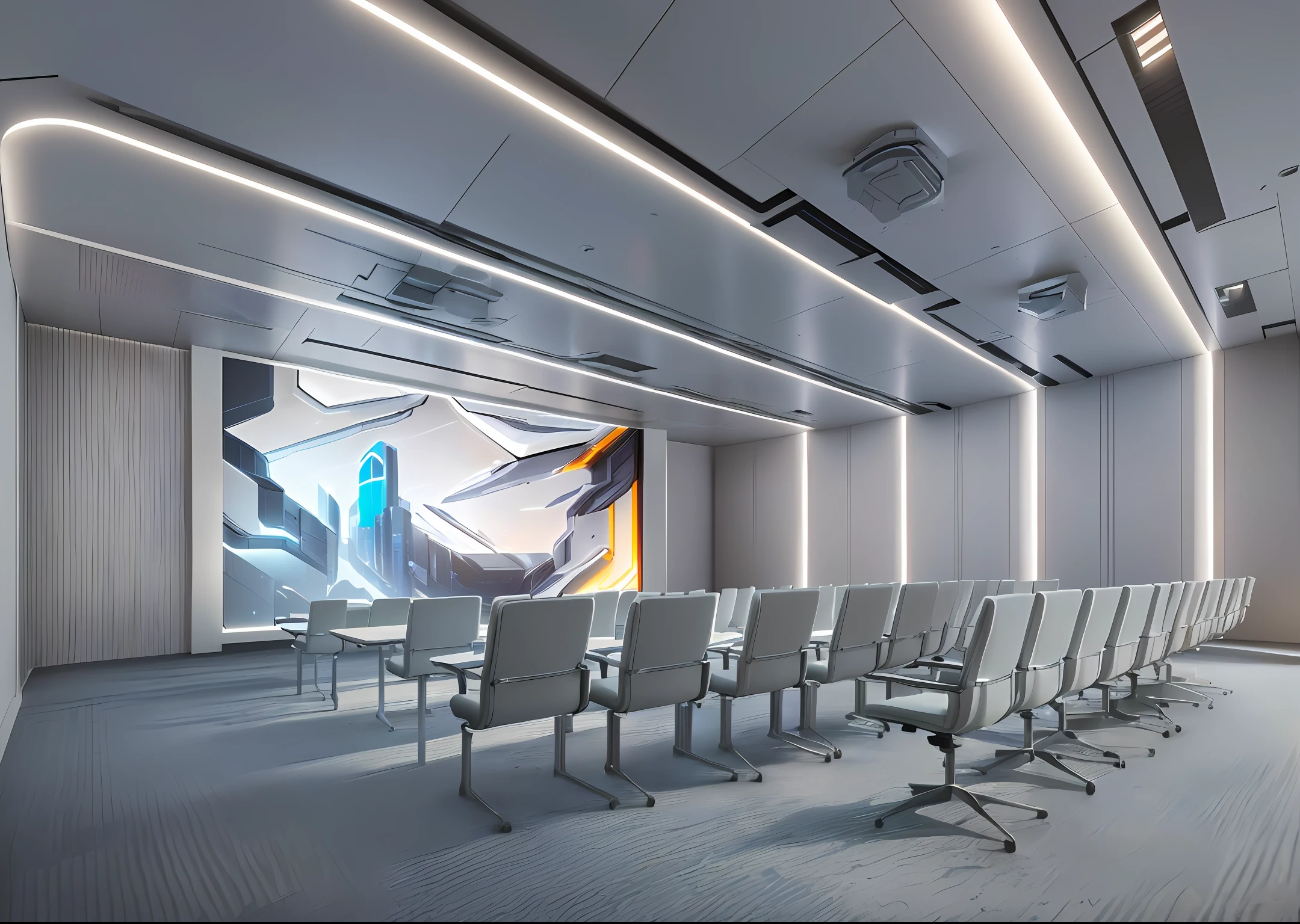 Room with a big screen and chairs, conference room, futuristic hall, futuristic government chamber, CG rendering, digital rendering, digital rendering, realistic cinema 4d rendering, interior architectural view, rendering, screens on digital wall, display cabinet, CGI rendering, photographic rendering, photorealistic CGI rendering, film design, professional 3D rendering