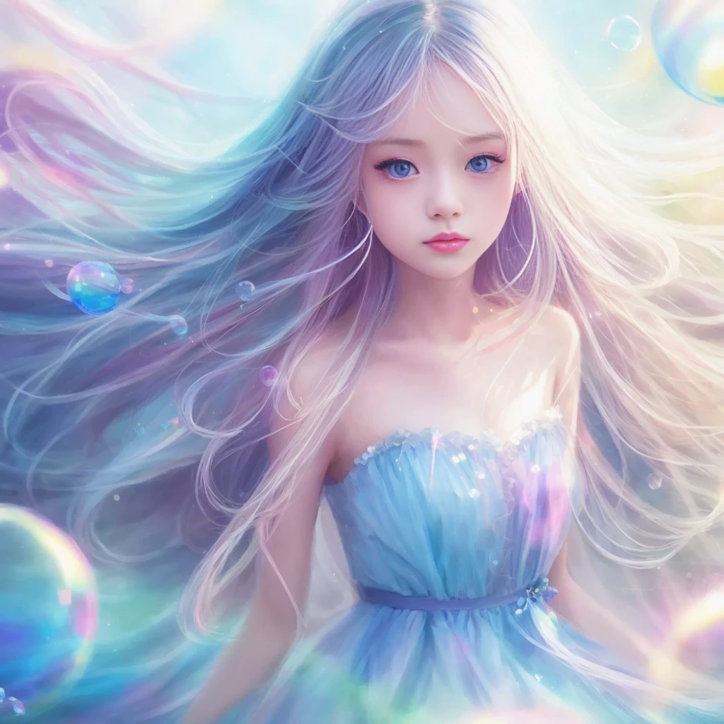 anime girl with long hair and blue dress blowing bubbles, beautiful artwork illustration, beautiful gorgeous digital art, beautiful digital art, gorgeous digital art, cute detailed digital art, beautiful digital artwork, exquisite digital illustration, beautiful digital illustration, very beautiful digital art, fantasy art style, cute digital art, beautiful anime art style, shiny digital painting, anime fantasy, realistic photography, beautiful woman