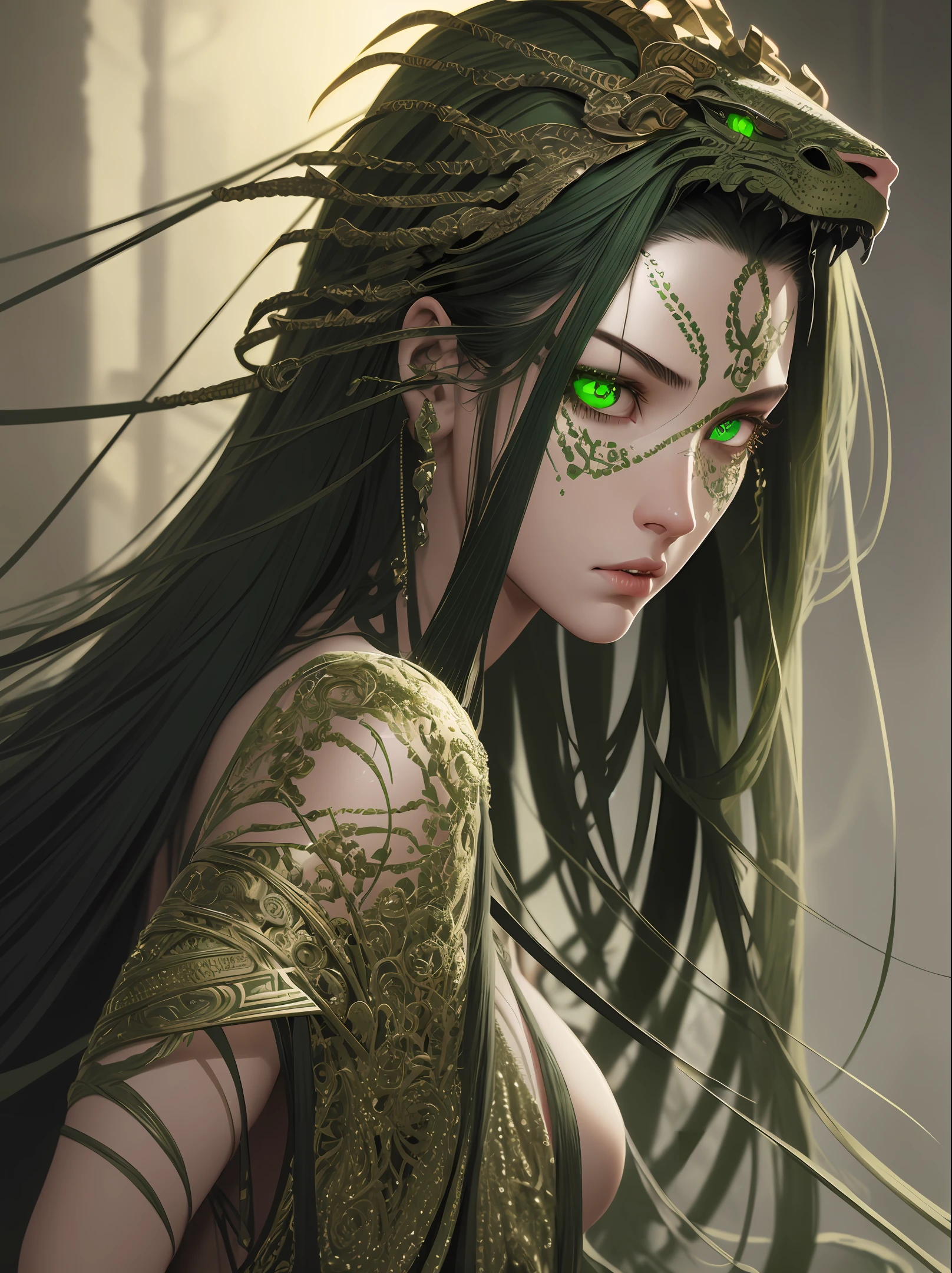 ((best quality)), ((masterpiece)), ((realistic)), Medusa, glowing green eyes, female face, , trending on artstation, sharp focus, studio photo, intricate details, very detailed, nsfw, detailed eyes, illustration, very detailed, sharp focus, digital render, professional, 4k