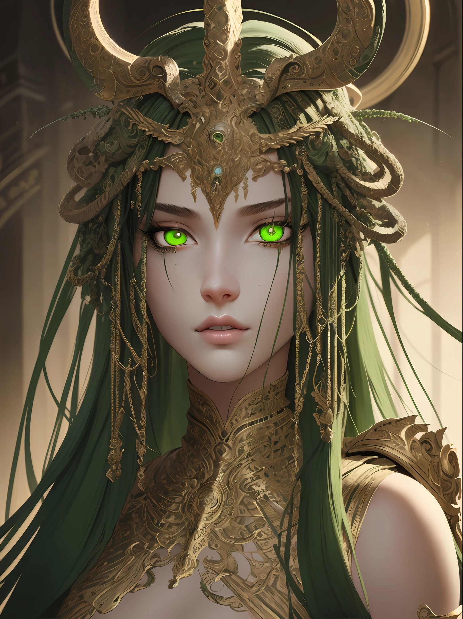 ((best quality)), ((masterpiece)), ((realistic)), Medusa, glowing green eyes, female face, , trending on artstation, sharp focus, studio photo, intricate details, very detailed, nsfw, detailed eyes, illustration, very detailed, sharp focus, digital render, professional, 4k