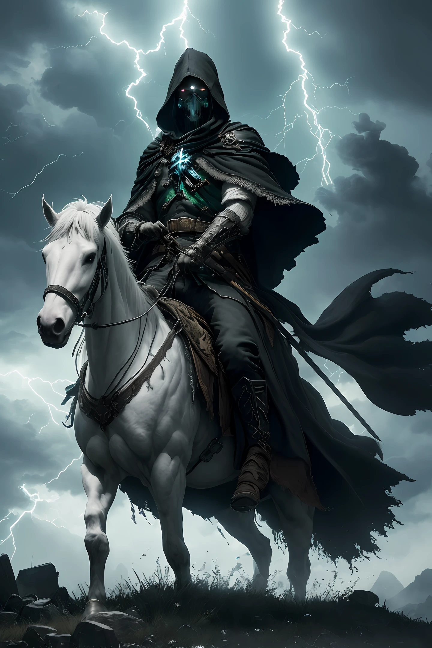(very detailed CG unity 8k wallpaper), (best quality), (best illustration), (best shadows), ridiculous, realistic lighting, a necromancer riding a white horse wearing green wizard robes, tattered, filthy, Smell of plague and death, surrounded by black clouds and lightning; static composition, slight low angle, decisive cut, high contrast colors