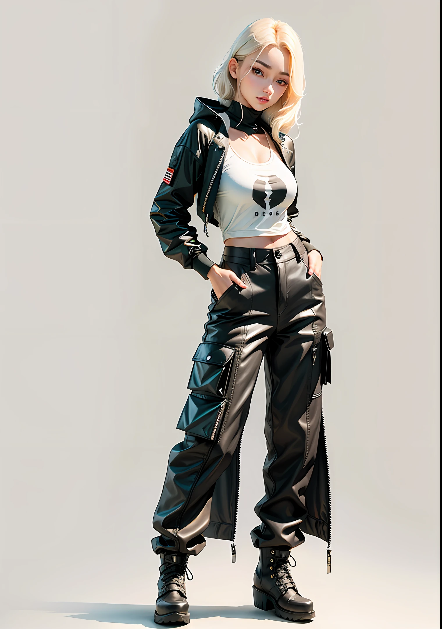black AND white martin boots,small breast,pinkycolor,baby girl,(closeup portrait:1.4) of chaeryeong, tank top, cargo pants,Martin boots, contrapposto, k-pop idol, (slender body:1.3), best quality, ultra high res, (photorealistic:1.3), 1girl, full body.large Accessories