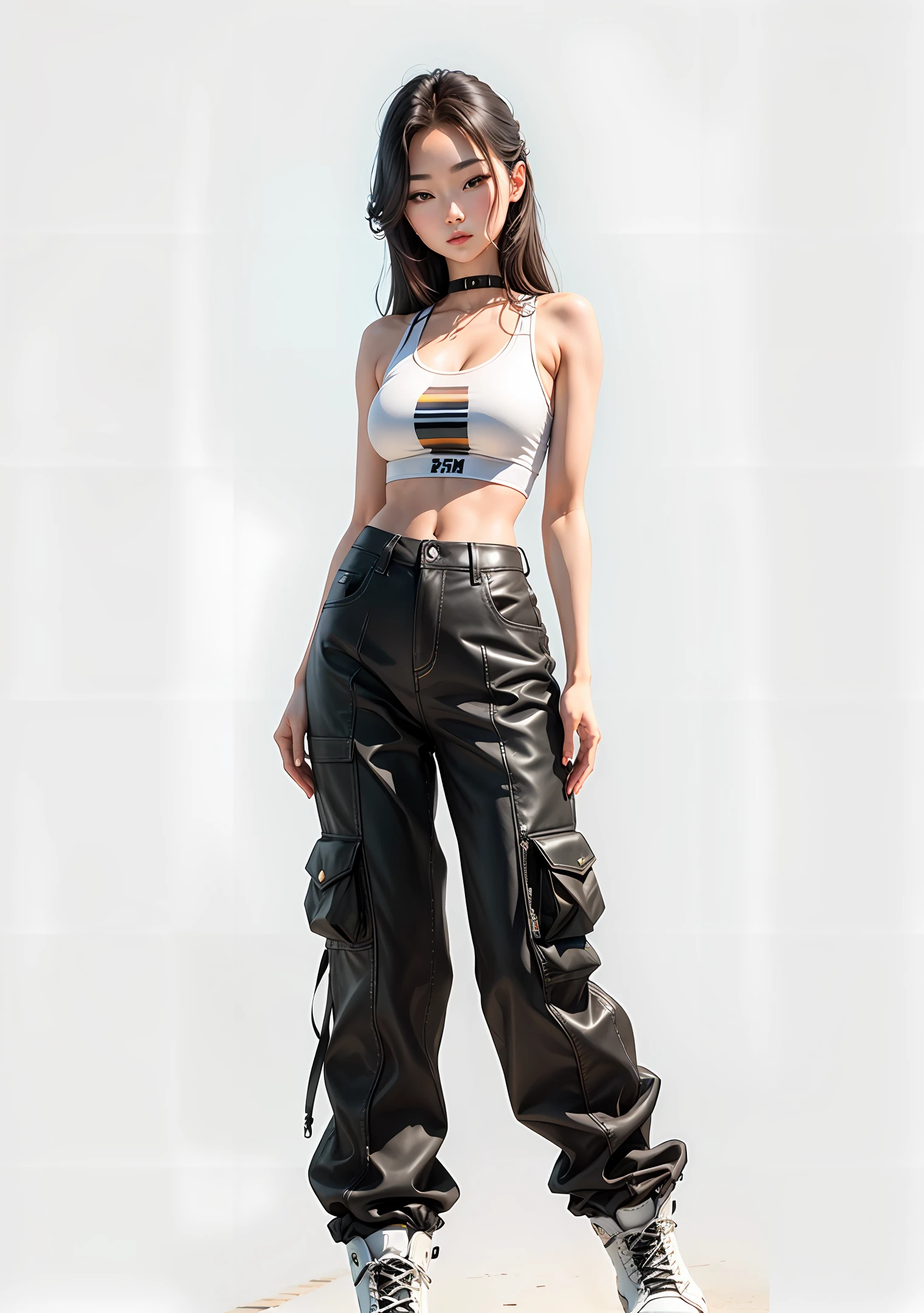 black AND white martin boots,small breast,colorful, girl,(closeup portrait:1.4) of chaeryeong, tank top, cargo pants,Martin boots, contrapposto, k-pop idol, (slender body:1.3), best quality, ultra high res, (photorealistic:1.3), 1girl, full body.large Accessories