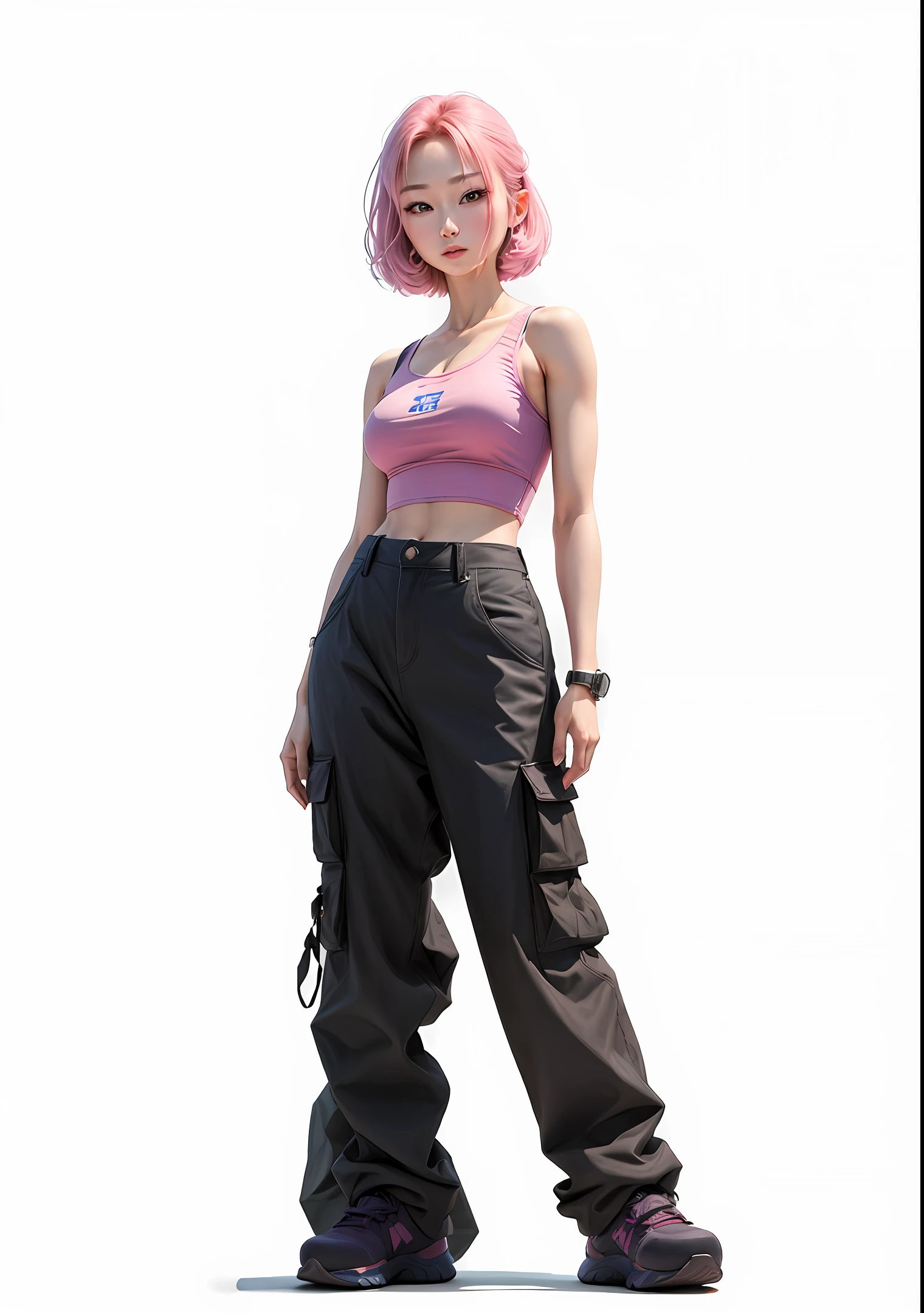 pinkycolor,baby girl,(closeup portrait:1.4) of chaeryeong, tank top, cargo pants,Martin boots, contrapposto, k-pop idol, (slender body:1.3), best quality, ultra high res, (photorealistic:1.3), 1girl, full body.large Accessories