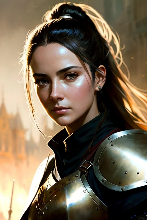 Human female, wearing light iron armor, red inner lining, long black ponytail, brown pupils, white cloak, holding an iron shield and a war hammer, confident modelshoot style expression, (very detailed CG uniform 8k wallpaper) , Full Body Photographs of the Most Beautiful Artwork in the World, Medieval Armor, Ed Blinkey, Atey Ghailan, Studio Ghibli&#39;s Professionally Magnificent Paintings, Jeremy Mann, Greg Manchess, Antonio Moro, Trending on ArtStation, Trending on CGSociety Trends, Intricate, High Detail, Sharp focus, dramatic, photorealistic drawing art, by midjourney and greg rutkowski