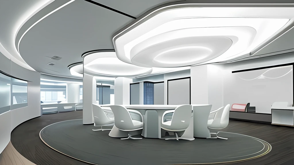 there is a large white room with a round table and chairs, set inside of the bank, inspired by Cheng Jiasui, rounded ceiling, photograph of 3d ios room, suspended ceiling, show room scene, clean digital render, office interior, digital render, final render, sharp focus ilustration hq, inspired by Liu Haisu, clean 3 d render