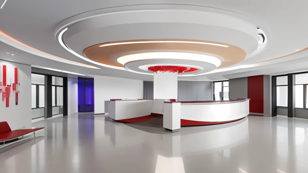 there is a large white reception area with a red chandelier, medical research facility, futuristic hall, office, show room scene, high-tech environment, inspired by Cheng Jiasui, futuristic government chambers, modern look, hologram center, high quality topical render, clean medical environment, zhuoxin ye, rounded ceiling, octain render, exhibition hall lighting