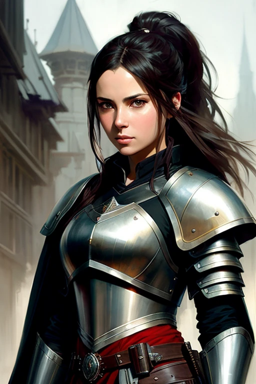 Human female, wearing light iron armor, red inner lining, long black ponytail, brown pupils, white cloak, holding an iron shield and a war hammer, confident modelshoot style expression, (very detailed CG uniform 8k wallpaper) , Full Body Photographs of the Most Beautiful Artwork in the World, Medieval Armor, Ed Blinkey, Atey Ghailan, Studio Ghibli&#39;s Professionally Magnificent Paintings, Jeremy Mann, Greg Manchess, Antonio Moro, Trending on ArtStation, Trending on CGSociety Trends, Intricate, High Detail, Sharp focus, dramatic, photorealistic drawing art, by midjourney and greg rutkowski