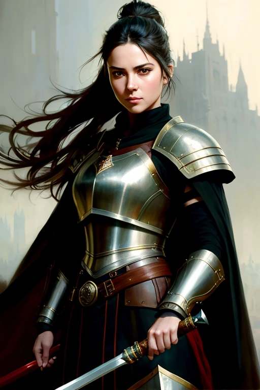 Human female, wearing light iron armor, red inner lining, long black ponytail, brown pupils, white cloak, holding an iron shield and a war hammer, confident modelshoot style expression, (very detailed CG uniform 8k wallpaper) , Full Body Photographs of the Most Beautiful Artwork in the World, Medieval Armor, Ed Blinkey, Atey Ghailan, Studio Ghibli&#39;s Professionally Magnificent Paintings, Jeremy Mann, Greg Manchess, Antonio Moro, Trending on ArtStation, Trending on CGSociety Trends, Intricate, High Detail, Sharp focus, dramatic, photorealistic drawing art, by midjourney and greg rutkowski