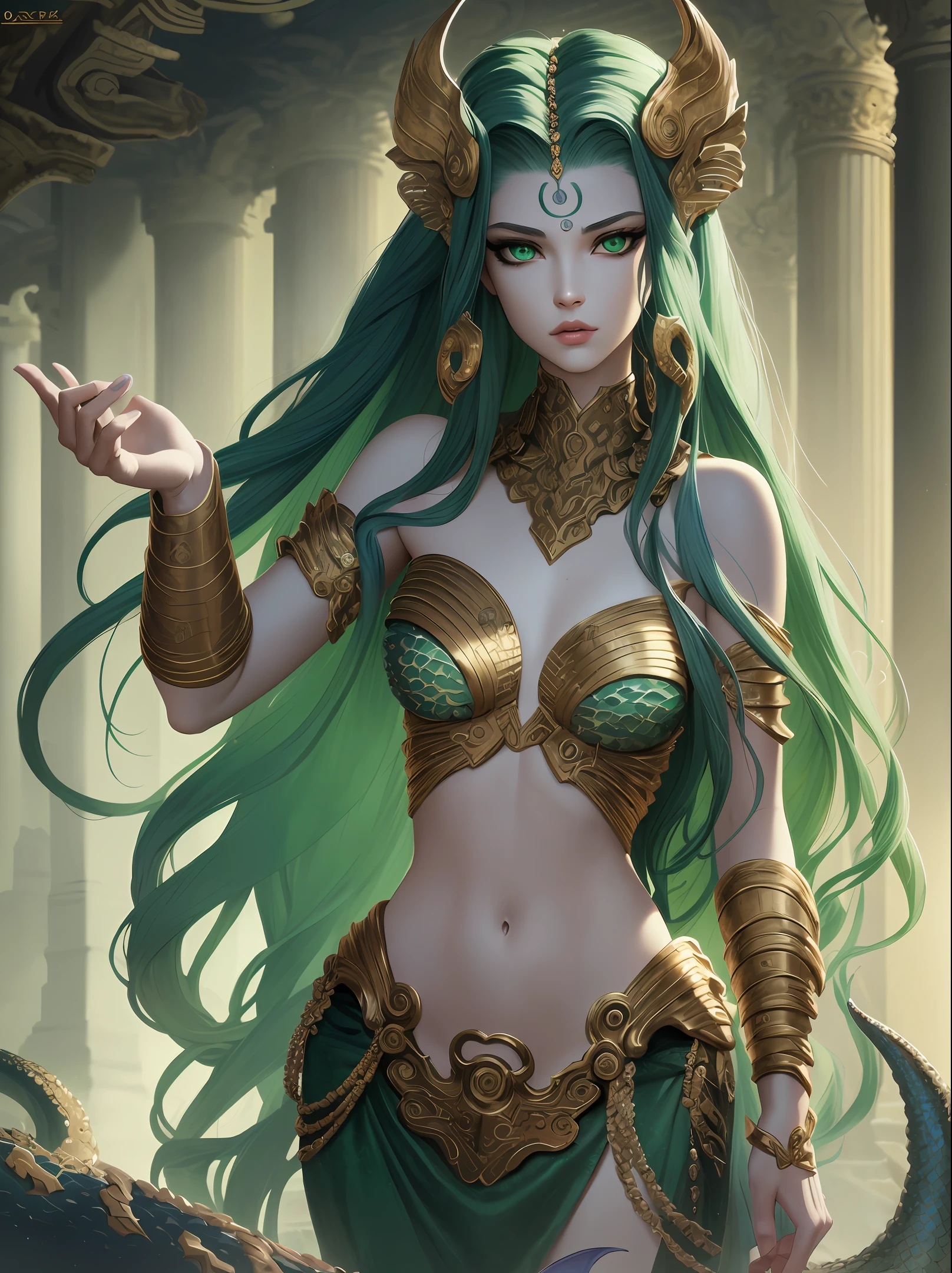 ((best quality)), ((masterpiece)), ((realistic)), ferocious Medusa, beautiful female gorgon, portrait of mermaid warrior, octopus goddess, Medusa, glowing green eyes, female face, league of legends concept art, sea queen, concept art, trends on artstation, sharp focus, studio photo, intricate detail, very detailed, nsfw, detailed eyes, illustration, very detailed, clear focus, digital render, professional, 4k