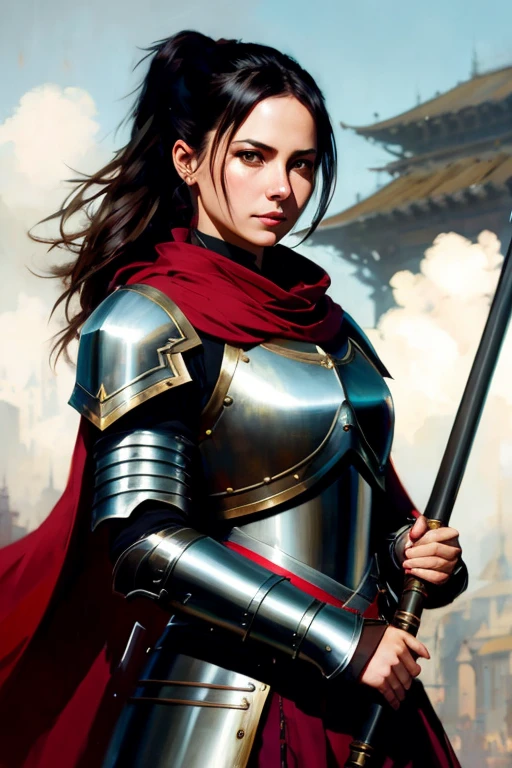 Human female, wearing light iron armor, red inner lining, long black ponytail, brown pupils, white cloak, holding an iron shield and a war hammer, confident modelshoot style expression, (very detailed CG uniform 8k wallpaper) , Full Body Photographs of the Most Beautiful Artwork in the World, Medieval Armor, Ed Blinkey, Atey Ghailan, Studio Ghibli&#39;s Professionally Magnificent Paintings, Jeremy Mann, Greg Manchess, Antonio Moro, Trending on ArtStation, Trending on CGSociety Trends, Intricate, High Detail, Sharp focus, dramatic, photorealistic drawing art, by midjourney and greg rutkowski