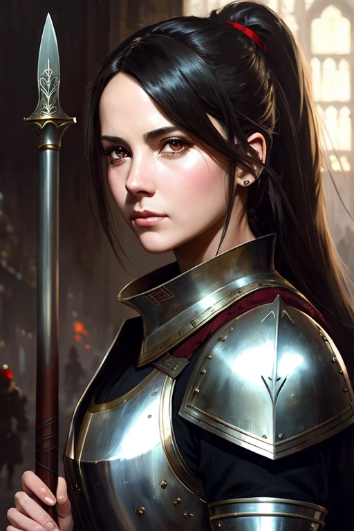 Human female, wearing light iron armor, red inner lining, long black ponytail, brown pupils, white cloak, holding an iron shield and a war hammer, confident modelshoot style expression, (very detailed CG uniform 8k wallpaper) , Full Body Photographs of the Most Beautiful Artwork in the World, Medieval Armor, Ed Blinkey, Atey Ghailan, Studio Ghibli&#39;s Professionally Magnificent Paintings, Jeremy Mann, Greg Manchess, Antonio Moro, Trending on ArtStation, Trending on CGSociety Trends, Intricate, High Detail, Sharp focus, dramatic, photorealistic drawing art, by midjourney and greg rutkowski