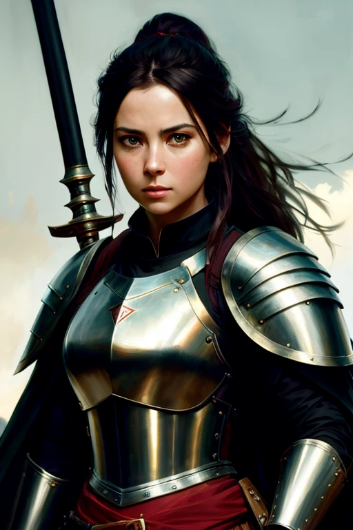 Human female, wearing light iron armor, red inner lining, long black ponytail, brown pupils, white cloak, holding an iron shield and a war hammer, confident modelshoot style expression, (very detailed CG uniform 8k wallpaper) , Full Body Photographs of the Most Beautiful Artwork in the World, Medieval Armor, Ed Blinkey, Atey Ghailan, Studio Ghibli&#39;s Professionally Magnificent Paintings, Jeremy Mann, Greg Manchess, Antonio Moro, Trending on ArtStation, Trending on CGSociety Trends, Intricate, High Detail, Sharp focus, dramatic, photorealistic drawing art, by midjourney and greg rutkowski