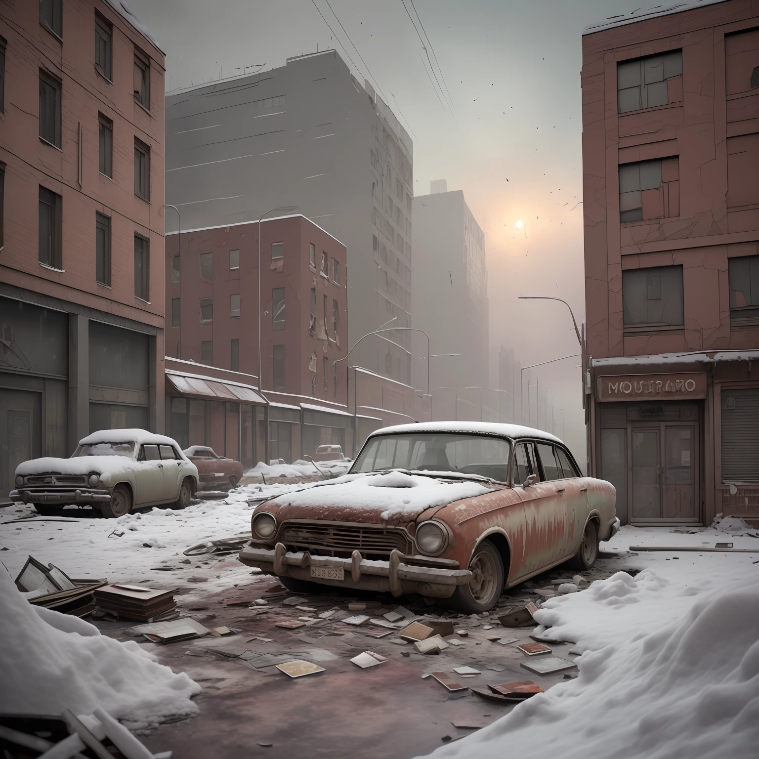 Doomsday, (hdr: 1.1), (pastel color: 1.3), (broken rusty car: 0.8), (glass shards: 0.3), (book on earth: 0.3), car wreck, correct scale, Apocalypse, Abandoned, Neutral Colors, Night, Screen Space Refraction, (Complicated Details), (Complicated Details, Ultra Detailed: 1.2), Artstation, Cinematic Lens, Vignettes, Complex Backgrounds, Buildings, Snow