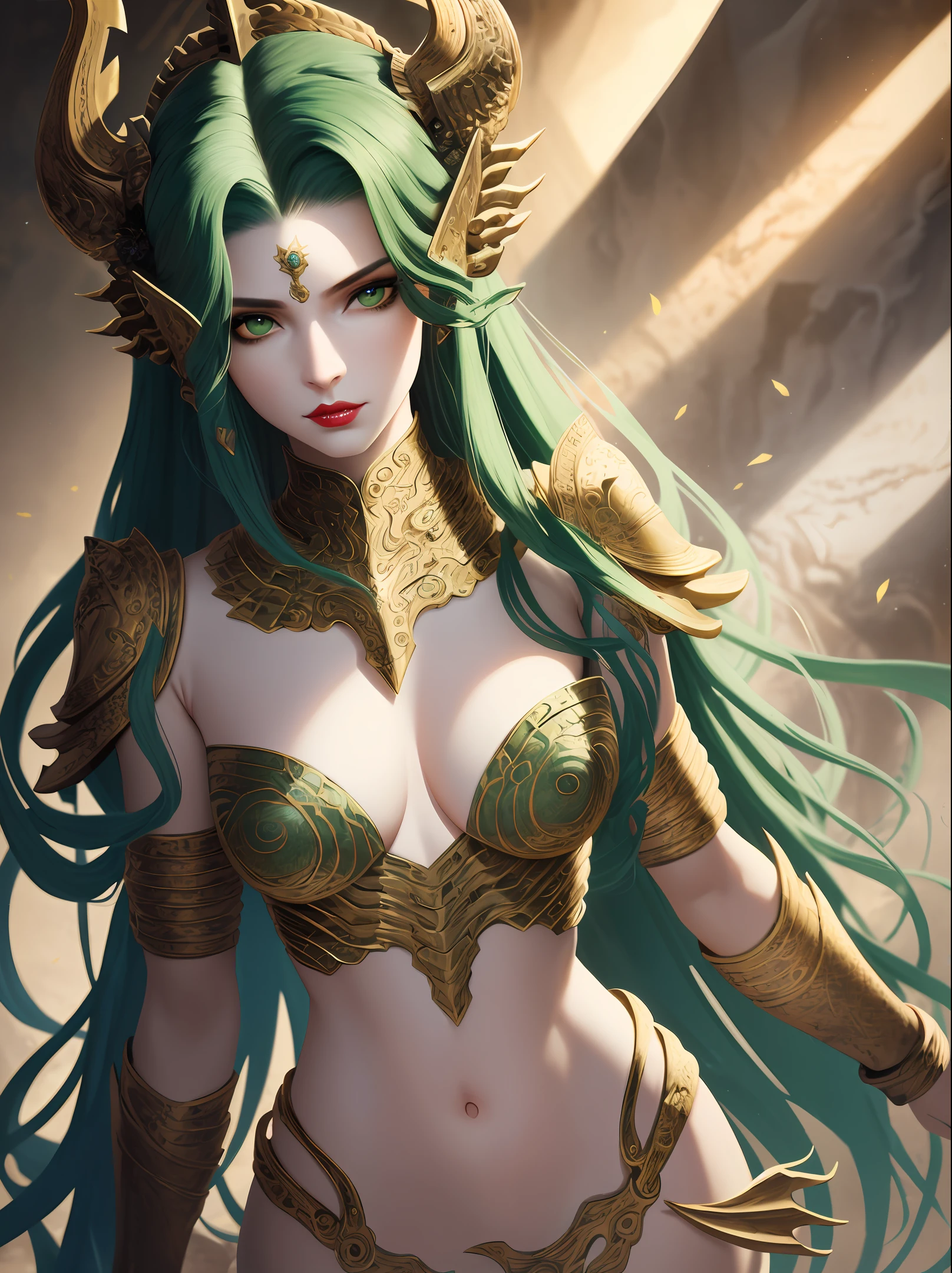((best quality)), ((masterpiece)), ((realistic)), ferocious Medusa, beautiful female gorgon, portrait of mermaid warrior, glowing green eyes, red lips, female face, hero Alliance concept art, Sea Queen, trending on artstation, sharp focus, studio photo, intricate detail, very detailed, nsfw, detailed eyes, illustration, very detailed, sharp focus, digital render, professional, 4k