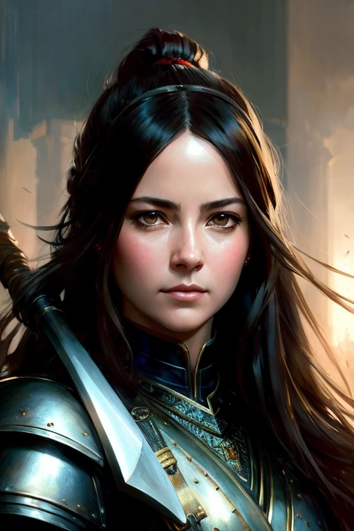 Human female, wearing light iron armor, red inner lining, long black ponytail, brown pupils, white cloak, holding an iron shield and a war hammer, confident modelshoot style expression, (very detailed CG uniform 8k wallpaper) , Full Body Photographs of the Most Beautiful Artwork in the World, Medieval Armor, Ed Blinkey, Atey Ghailan, Studio Ghibli&#39;s Professionally Magnificent Paintings, Jeremy Mann, Greg Manchess, Antonio Moro, Trending on ArtStation, Trending on CGSociety Trends, Intricate, High Detail, Sharp focus, dramatic, photorealistic drawing art, by midjourney and greg rutkowski