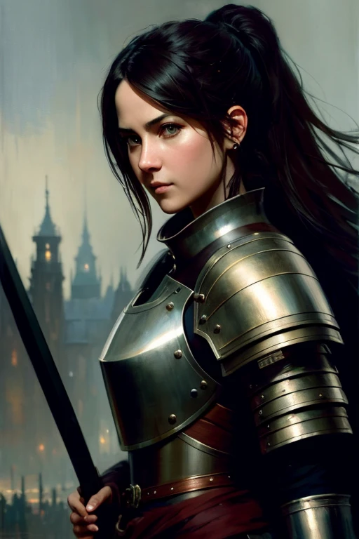 Human female, wearing light iron armor, red inner lining, long black ponytail, brown pupils, white cloak, holding an iron shield and a war hammer, confident modelshoot style expression, (very detailed CG uniform 8k wallpaper) , Full Body Photographs of the Most Beautiful Artwork in the World, Medieval Armor, Ed Blinkey, Atey Ghailan, Studio Ghibli&#39;s Professionally Magnificent Paintings, Jeremy Mann, Greg Manchess, Antonio Moro, Trending on ArtStation, Trending on CGSociety Trends, Intricate, High Detail, Sharp focus, dramatic, photorealistic drawing art, by midjourney and greg rutkowski