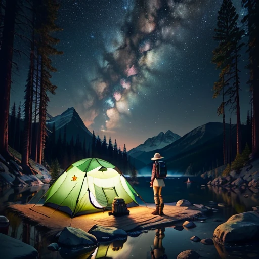 Masterpiece, Best Quality, 2 men, (Very Detailed CG Unity 8k Wallpaper), (Best Quality), (Best Illustration), (Best Shadow), 1girl, solo, outdoors, camping, night, mountains, nature, stars, moon, tent, twin ponytails, green eyes, cheerful, happy, backpack, sleeping bag, camping stove, water bottle, mountain boots, gloves, sweater, hat, flashlight, forest, rocks, river, wood, smoke, shadows, contrast, clear sky, constellations, Milky Way, peaceful, serene, quiet, tranquil, remote, secluded, adventurous, exploration, escape, independence, survival, resourcefulness, challenge, perseverance, stamina, endurance, observation, intuition, adaptability, creativity, imagination, artistry, inspiration, beauty, awe, wonder, gratitude, appreciation, relaxation, enjoyment, rejuvenation, mindfulness, awareness, connection, harmony, balance, texture, detail, realism, depth, perspective, composition, color, light, shadow, reflection, refraction, tone, contrast, foreground, middle ground, background, naturalistic, figurative, representational, impressionistic, expressionistic, abstract, innovative, experimental, unique