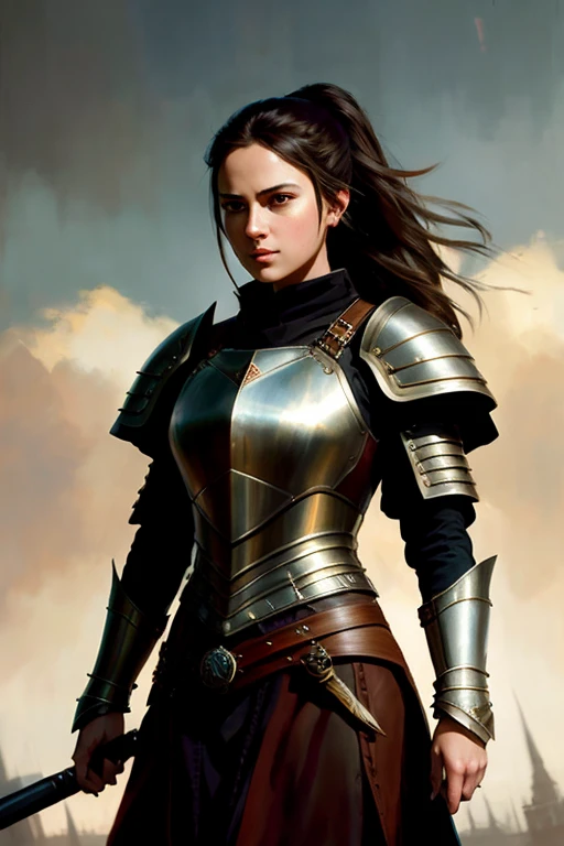 Human female, wearing light iron armor, red inner lining, long black ponytail, brown pupils, white cloak, holding an iron shield and a war hammer, confident modelshoot style expression, (very detailed CG uniform 8k wallpaper) , Full Body Photographs of the Most Beautiful Artwork in the World, Medieval Armor, Ed Blinkey, Atey Ghailan, Studio Ghibli&#39;s Professionally Magnificent Paintings, Jeremy Mann, Greg Manchess, Antonio Moro, Trending on ArtStation, Trending on CGSociety Trends, Intricate, High Detail, Sharp focus, dramatic, photorealistic drawing art, by midjourney and greg rutkowski