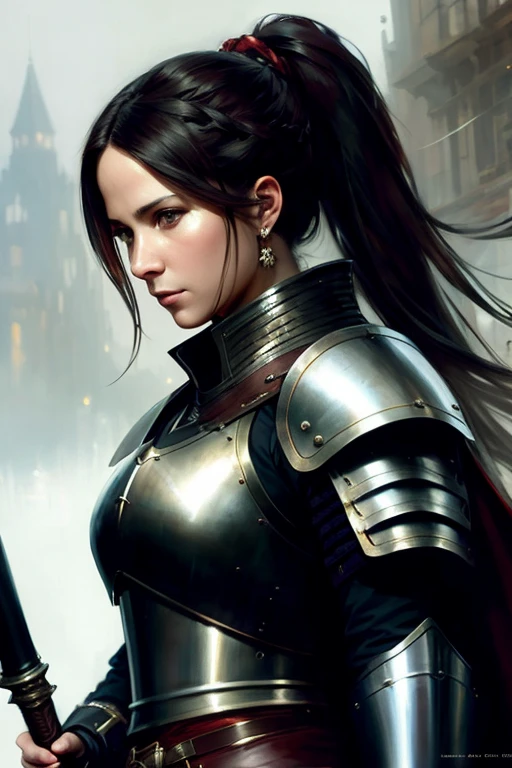 Human female, wearing light iron armor, red inner lining, long black ponytail, brown pupils, white cloak, holding an iron shield and a war hammer, confident modelshoot style expression, (very detailed CG uniform 8k wallpaper) , Full Body Photographs of the Most Beautiful Artwork in the World, Medieval Armor, Ed Blinkey, Atey Ghailan, Studio Ghibli&#39;s Professionally Magnificent Paintings, Jeremy Mann, Greg Manchess, Antonio Moro, Trending on ArtStation, Trending on CGSociety Trends, Intricate, High Detail, Sharp focus, dramatic, photorealistic drawing art, by midjourney and greg rutkowski