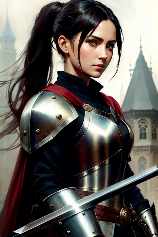 Human female, wearing light iron armor, red inner lining, long black ponytail, brown pupils, white cloak, holding an iron shield and a war hammer, confident modelshoot style expression, (very detailed CG uniform 8k wallpaper) , Full Body Photographs of the Most Beautiful Artwork in the World, Medieval Armor, Ed Blinkey, Atey Ghailan, Studio Ghibli&#39;s Professionally Magnificent Paintings, Jeremy Mann, Greg Manchess, Antonio Moro, Trending on ArtStation, Trending on CGSociety Trends, Intricate, High Detail, Sharp focus, dramatic, photorealistic drawing art, by midjourney and greg rutkowski