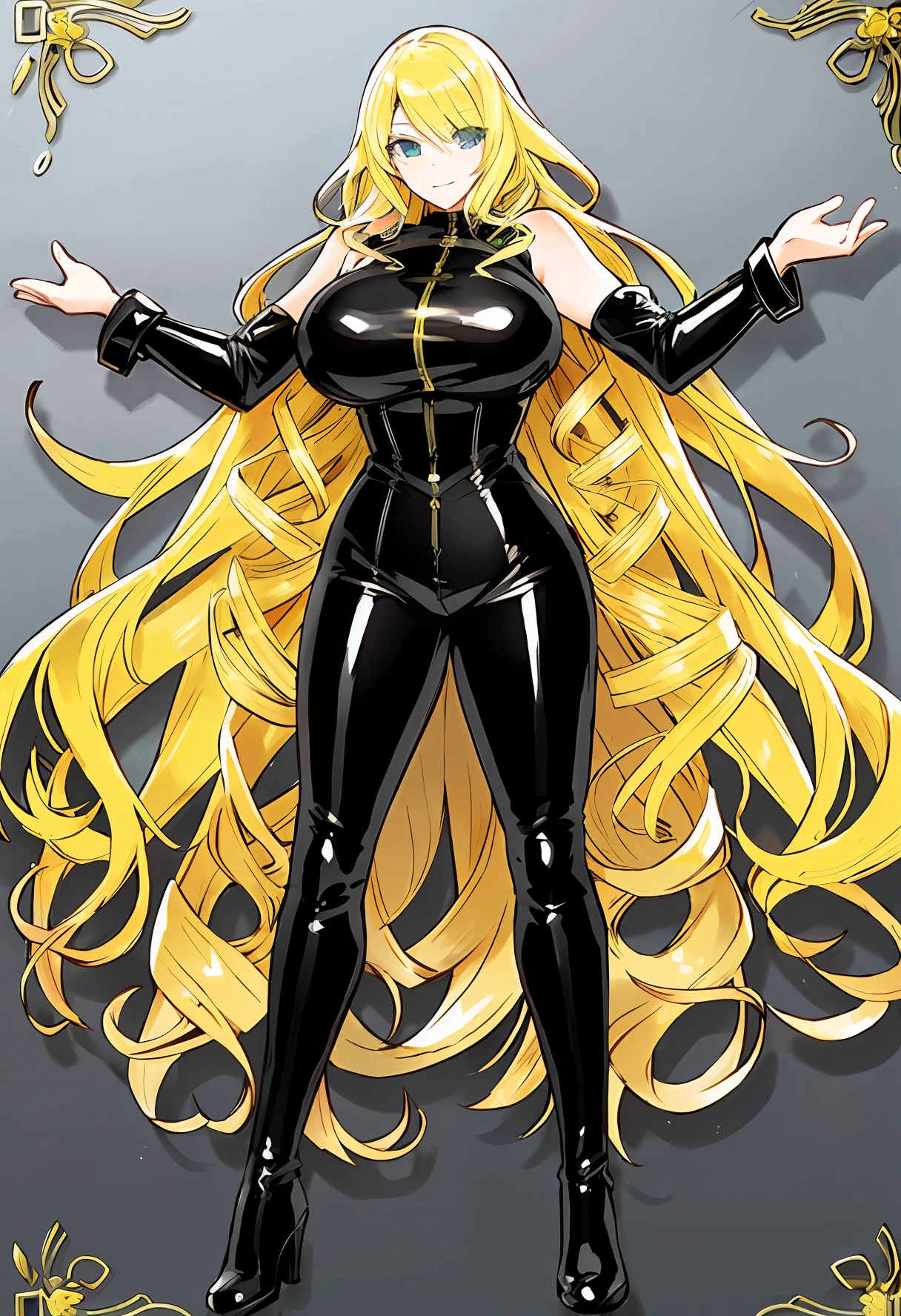 1man, blonde hair, long curly hair, green eyes, multicolored eyes, smug, latex, masterpiece, best quality, high quality, professional novel illustration, large breasts, reference sheet