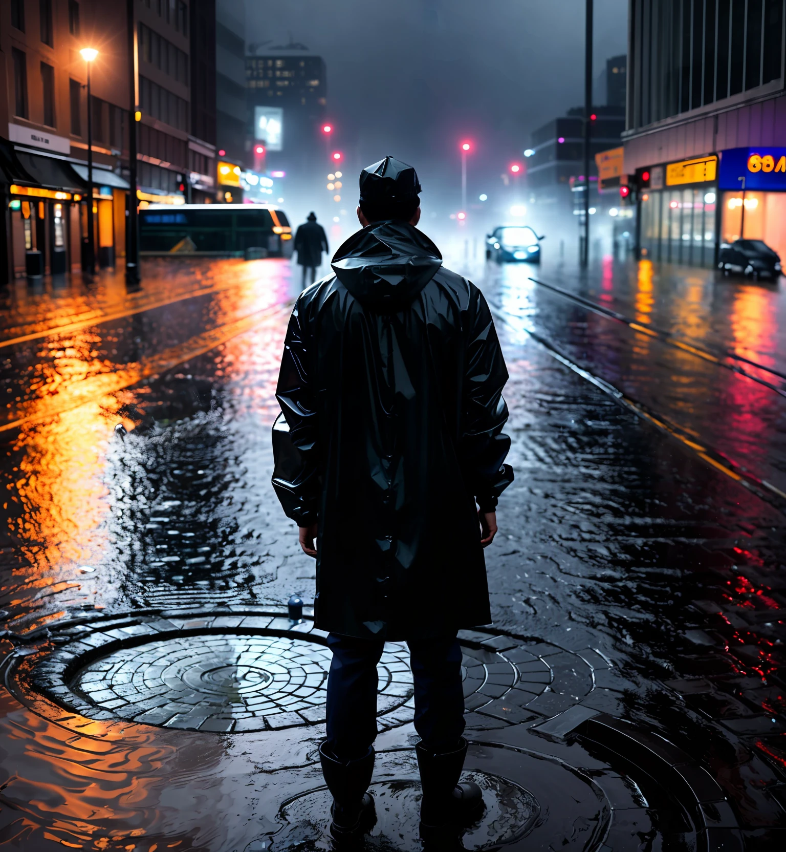 4k, high quality, (realistic), a back view of a man in a raincoat, a worker, a silhouette, a rainstorm on a rainy night, guarding the city, standing in stagnant water, next to an open manhole cover, swirls of flowing water, ambient light,