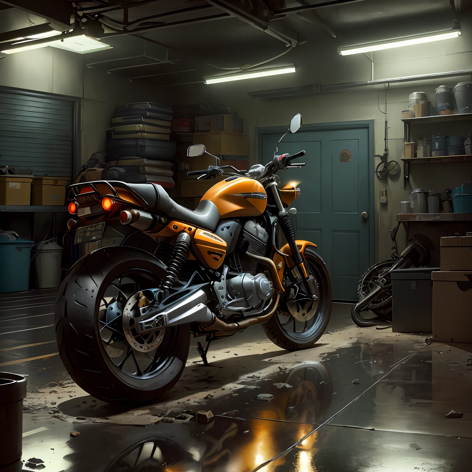 (motorcycle in a small garage), best quality, super high resolution, dynamic angle, [(dark atmosphere, low light, dust, tools and equipment scattered on the floor)::0.7], [ :(gritty, rugged, urban, industrial, sporty) scene, dynamic shadows, metallic reflections, vibrant colors: :0.9], many small details, higly detailed background, junk, shelves, (high-resolution:1.2), 8k, hd