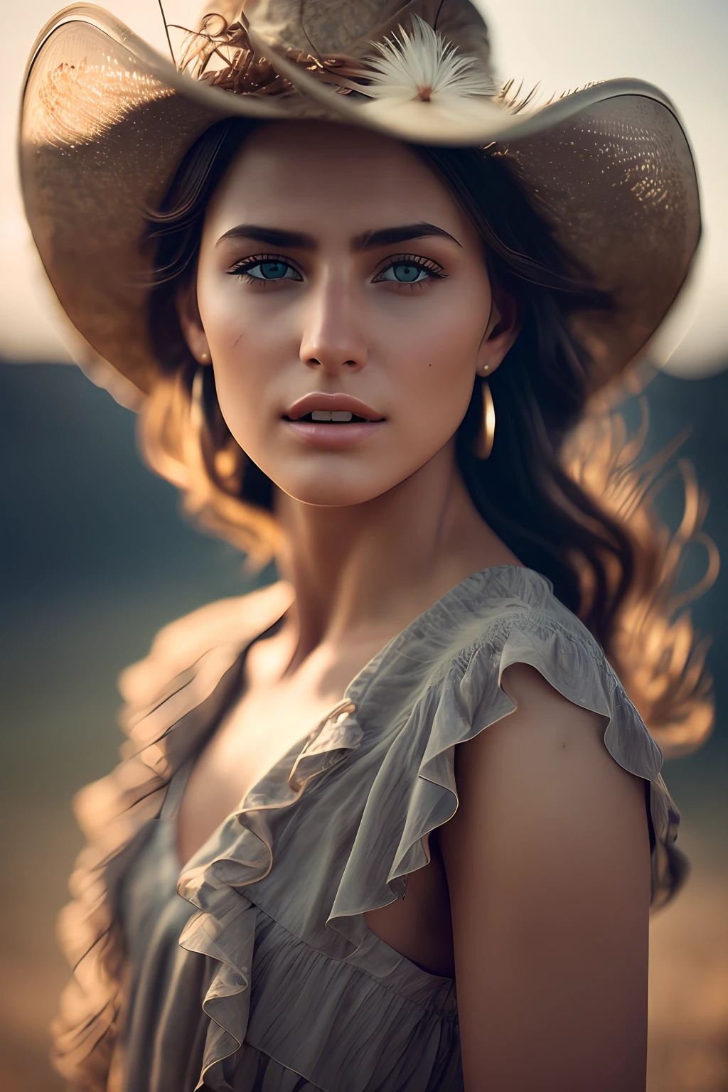 a beautiful model, 1 girl, (strong wind blowing dress), (hoop lighting), RAW photo, best quality, high resolution, (masterpiece), (photorealistic), professional photography, sharp focus, HDR, resolution 8K, intricate detail, fine detail, depth of field, nsfw, background blur, front facing, cowboy view, (extremely detailed Unity 8k CG wallpaper), highlight and shadow