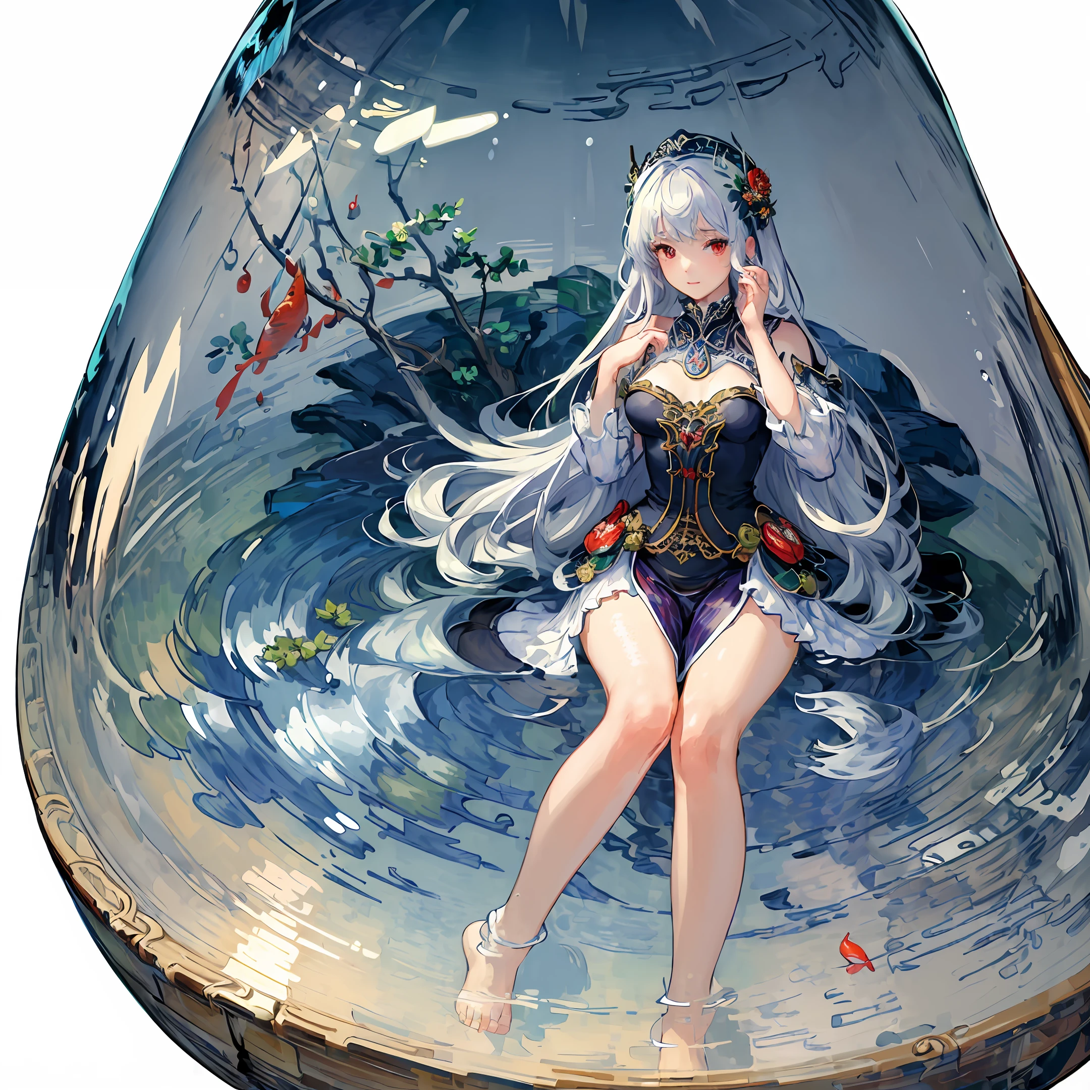 [(Transparent background:1.5)::5],(((masterpiece))),(((best quality))),(((extremely detailed))),illustration, 1girl,solo,mysterious,vivid color,shiny, underwater transparent sealed hemispherical glass dome, white hair,red eyes, full body,barefoot,long hair tranquil nature, koi,Underwater, Dome,close up,Dynamic actions,Lens perspective,(((Box composition))),sit cross-legged and lean against the bookshel,(arm + hand + 1thumb + 4finger),(Impressionism:1.4), Vincent van Gogh