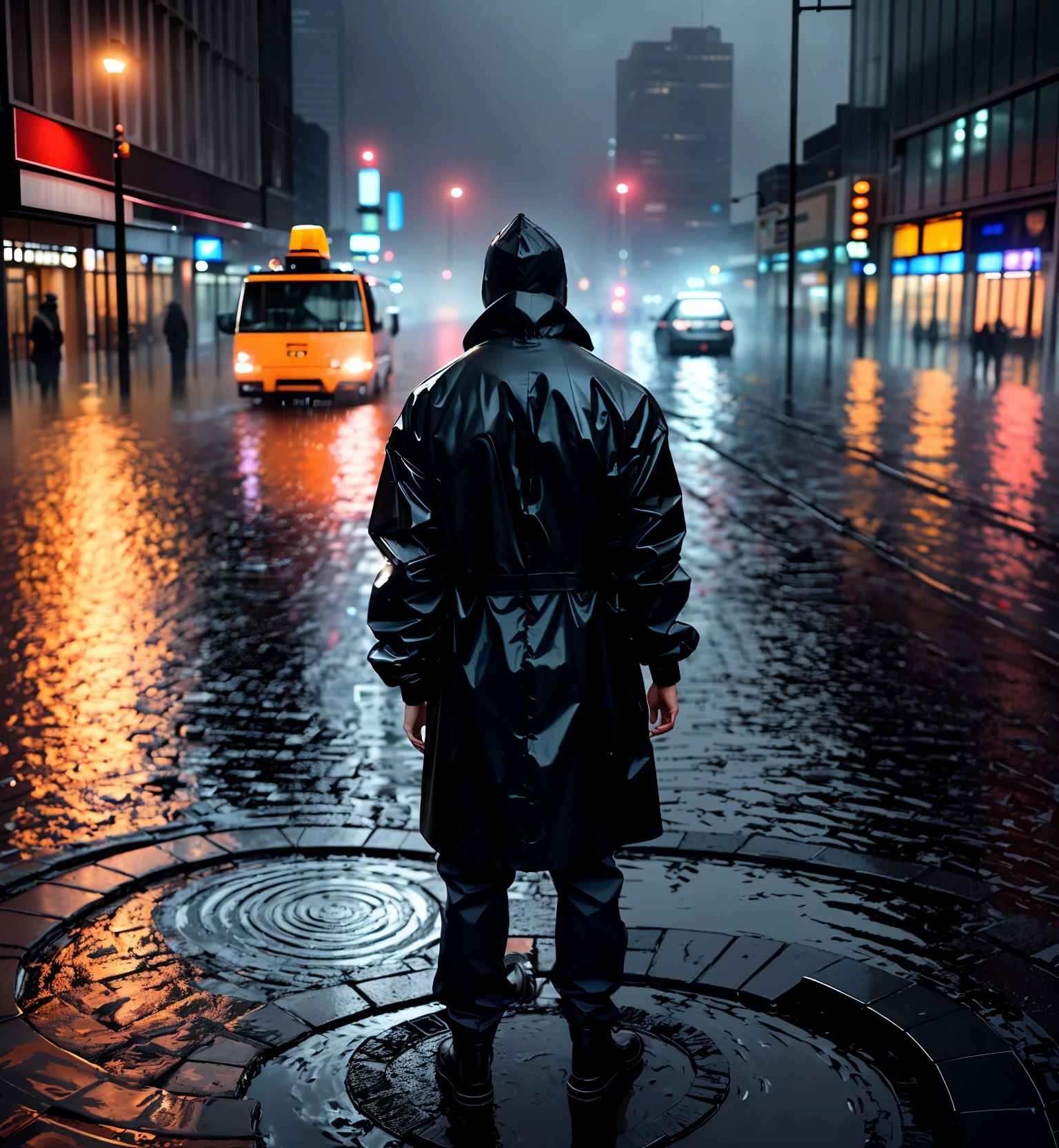 4k, high quality, (realistic), a back view of a man in a raincoat, a worker guards the city, the background is a city in the middle of a heavy rain at night, standing in stagnant water, surrounded by swirls of flowing water, city lights, ambient light, street lights