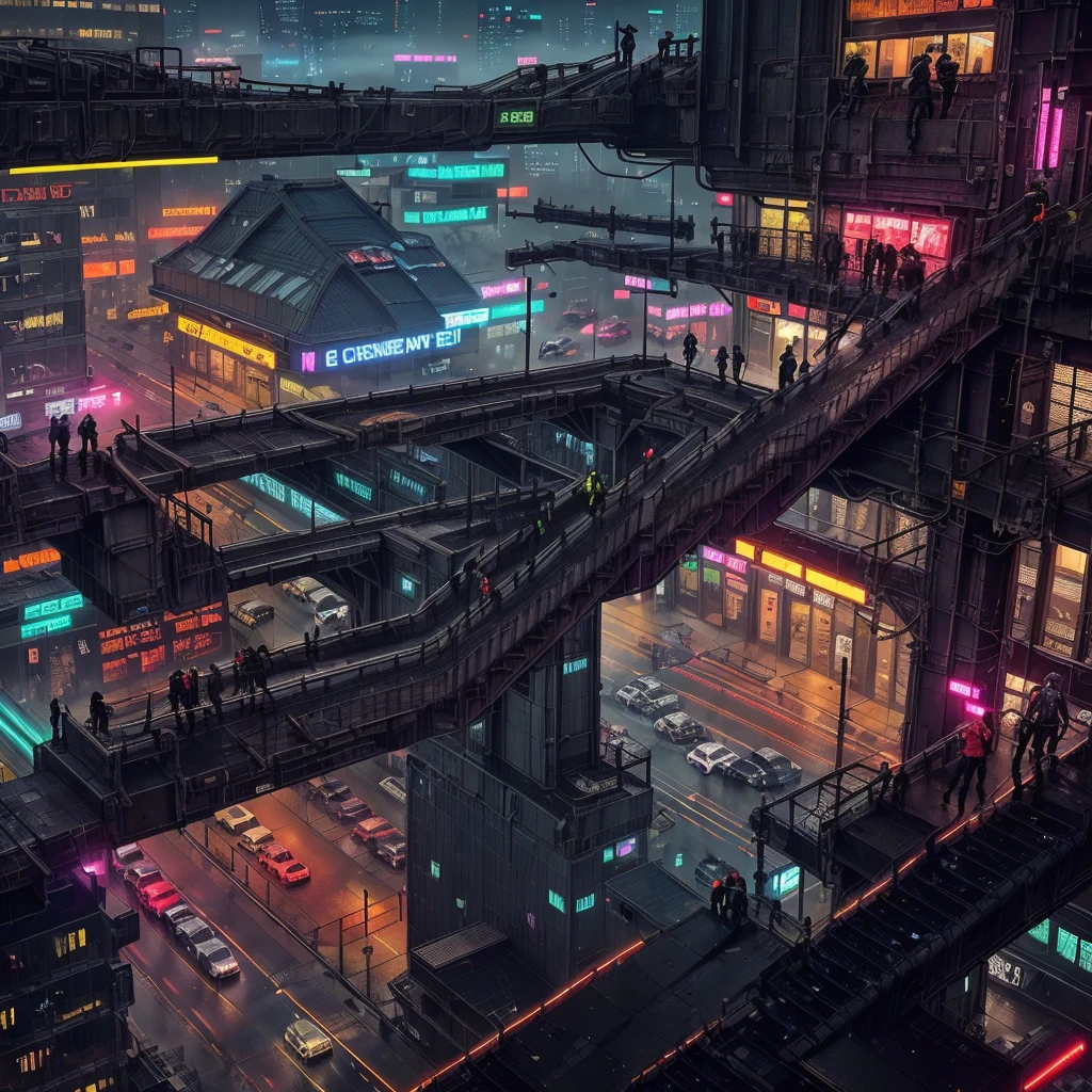 Create a photo-realistic image of a cyberpunk city at night. The main focus of the image should be the dense and complex multi-level street layout, with bridges, ramps, tunnels and stairs connecting different levels. The street layout should show the diversity and creativity of the city’s inhabitants. The image should also show some neon lights of various colors and shapes. The image should have some steamy channel covers, emitting fog and smoke into the air. The image should have a dark and gritty atmosphere, showing the contrast between the high-tech and the low-life. rain effects,wet and gloomy mood. people, vehicles, robots and drones moving around, less prominent than the street layoutcybernetic enhancements, prosthetic limbs, implants, goggles