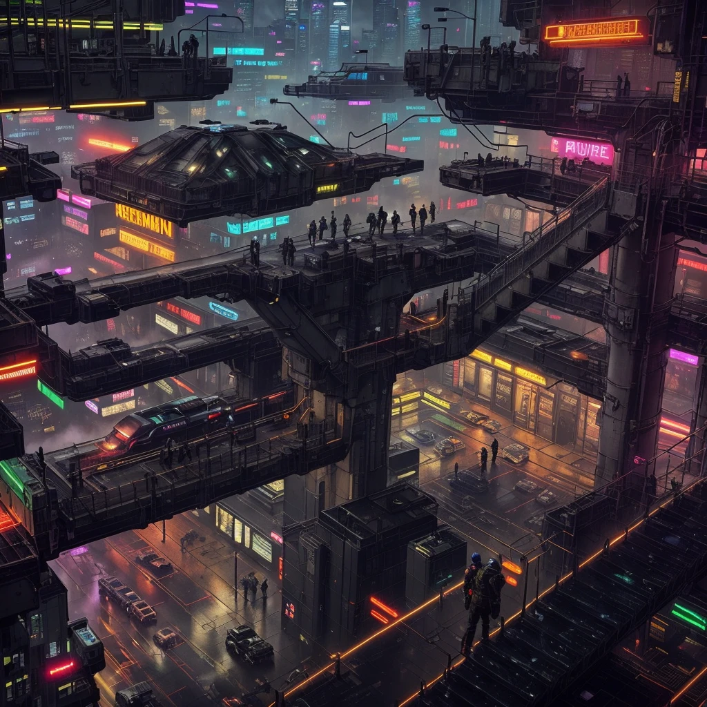 Create a photo-realistic image of a cyberpunk city at night. The main focus of the image should be the dense and complex multi-level street layout, with bridges, ramps, tunnels and stairs connecting different levels. The street layout should show the diversity and creativity of the city’s inhabitants. The image should also show some neon lights of various colors and shapes. The image should have some steamy channel covers, emitting fog and smoke into the air. The image should have a dark and gritty atmosphere, showing the contrast between the high-tech and the low-life. rain effects,wet and gloomy mood. people, vehicles, robots and drones moving around, less prominent than the street layoutcybernetic enhancements, prosthetic limbs, implants, goggles