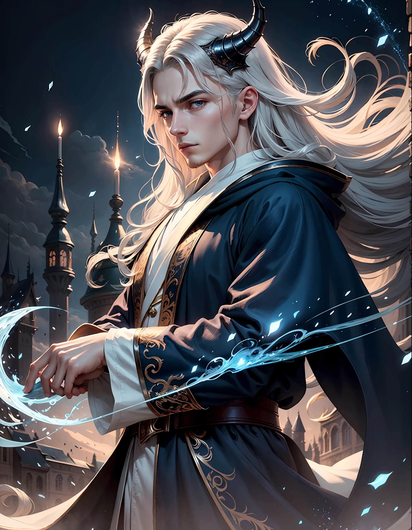 Masterpiece, Highest Quality, Solo, 1 Person, Man, young male, teenager, clean face, thin, Dragon Horns, Silver Hair, Long Hair, Gray Eyes, Magic particles floating in air, Dark Blue Robe, Robe,  relax, detailed backgrounds, castle background