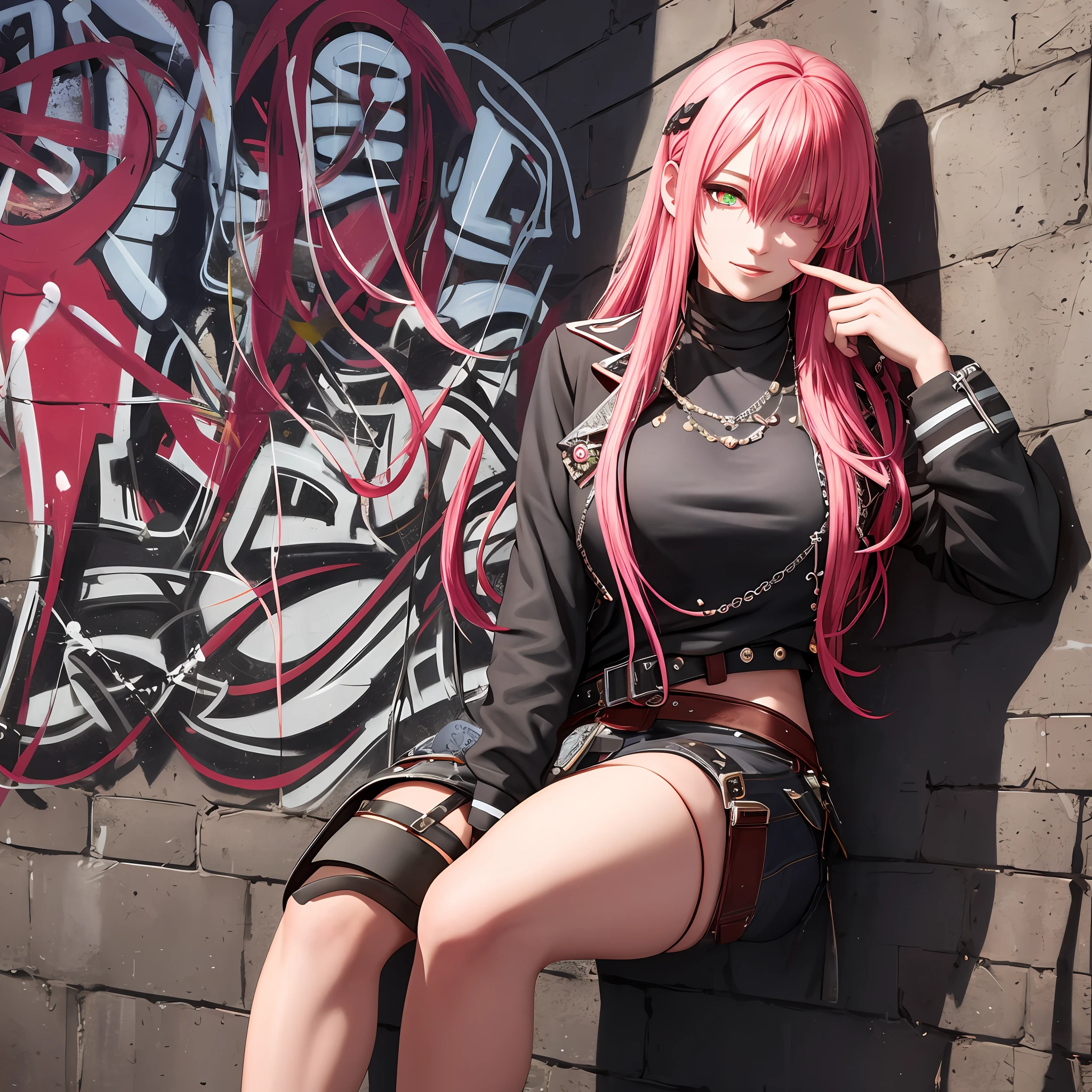 (masterpiece, best quality, 1girl, solo, intricate details, chromatic aberration), realistic, ((medium breath)),long hair, pink hair, red head ornament, red highlights, hair over one eye, green eyes, sharp eyes, choker, neon shirt, torn legwear, open jacket, turtleneck sweater, against wall, brick wall, graffiti, dim lighting, alley ,look at viewer,