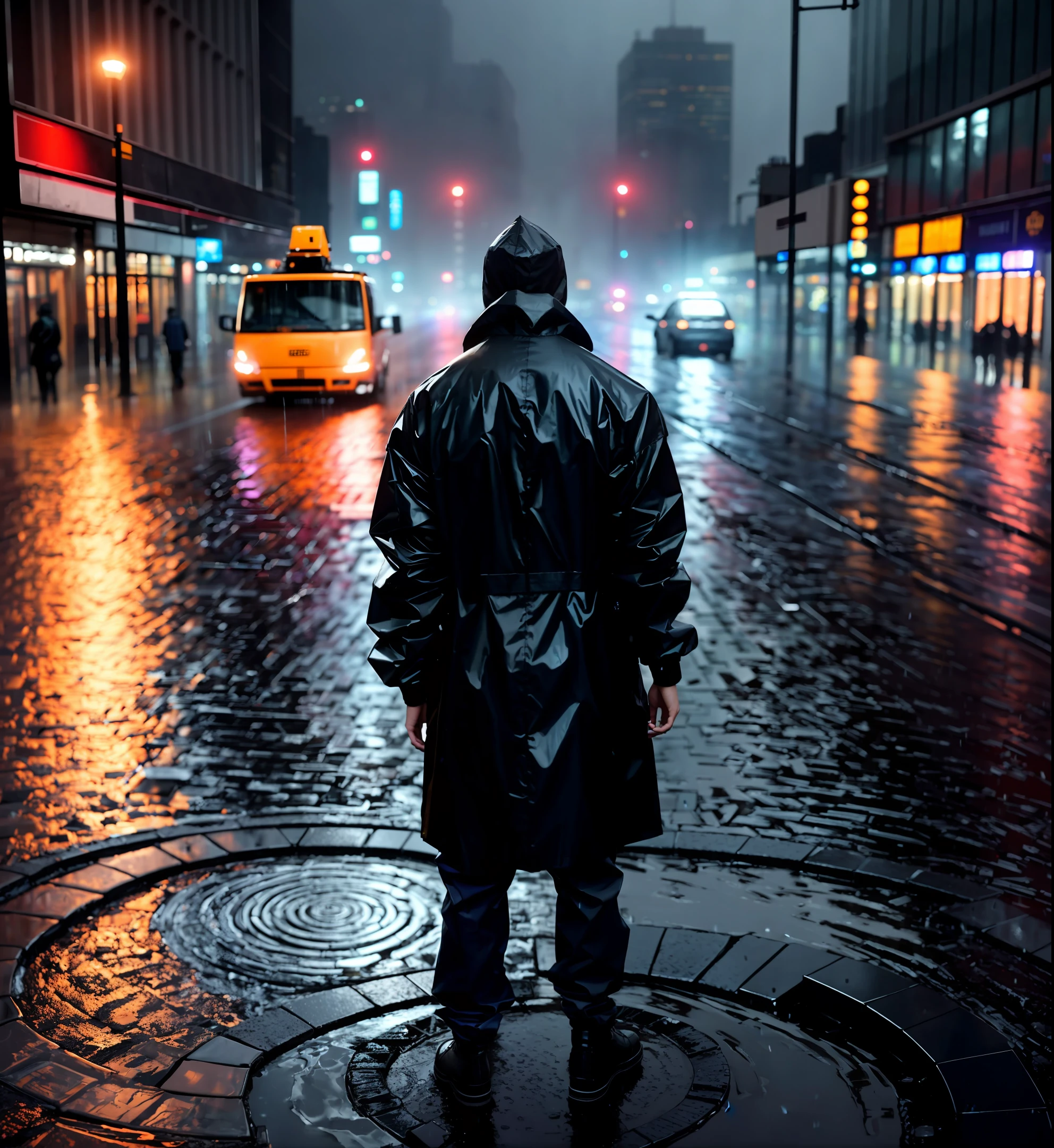 4K high-definition, real scene, in the city&#39;s night rain, a worker in a raincoat guards the city, behind him is a deep vortex, the road is soaked in water, and the city lights and ambient light reflect each other.