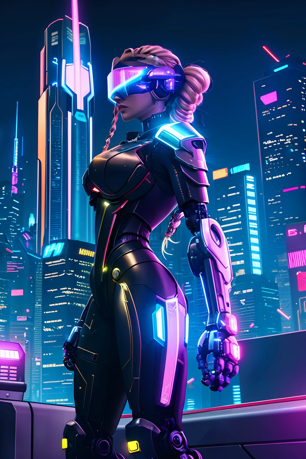 masterpiece, best quality, ultra-detailed, illustration, 1girl, solo, standing, confident, serious expression, cyberpunk, paladin, sword, metallic, high-tech, cybernetic armor, bright lights, neon, wires, cables, circuits, circuitry, visor, helmet, cybernetic limbs, long hair, blonde, hair styled in a braid, flowing in the wind, futuristic cityscape, towering skyscrapers, flying vehicles, holograms, tech noir, laser beams, power armor, glowing power sword, action pose, ready to fight, intensity, defending the city, night scene, city lights, cyberpunk aesthetic