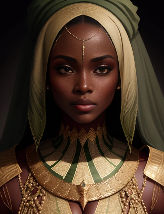RAW photo, a close up portrait High fashion portrait shoot of an Nigerian supermodel, symmetrical lines, neoclassical style, rich greens and earth tones, ultra-realistic, hyper-detailed, style raw, (high detailed skin:1.2), 8k uhd, dslr, soft lighting, high quality, film grain, Fujifilm XT3