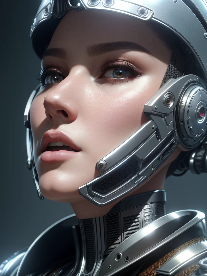 complex 3d render ultra detailed of a beautiful porcelain profile woman android face, cyborg, steampunk details, robotic parts, 150 mm, beautiful studio soft light, rim light, vibrant details, luxurious cyberpunk, lace, hyperrealistic, anatomical, facial muscles, cable electric wires, microchip, elegant, beautiful background, octane render, H. R. Giger style, 8k, best quality, masterpiece, illustration, an extremely delicate and beautiful, extremely detailed ,CG ,unity ,wallpaper, (realistic, photo-realistic:1.37),Amazing, finely detail, masterpiece,best quality,official art, extremely detailed CG unity 8k wallpaper, absurdres, incredibly absurdres, robot, silver driver helmet, full body, sitting