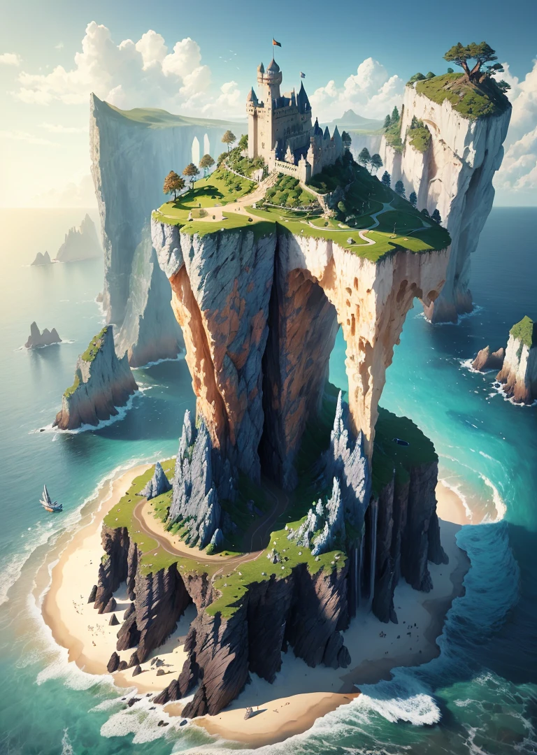 Isometric, cliffs on the sea, castles, paradise, dreamy trees, flying animals, CG, hyper-realistic, detailed description, realistic, volumetric light