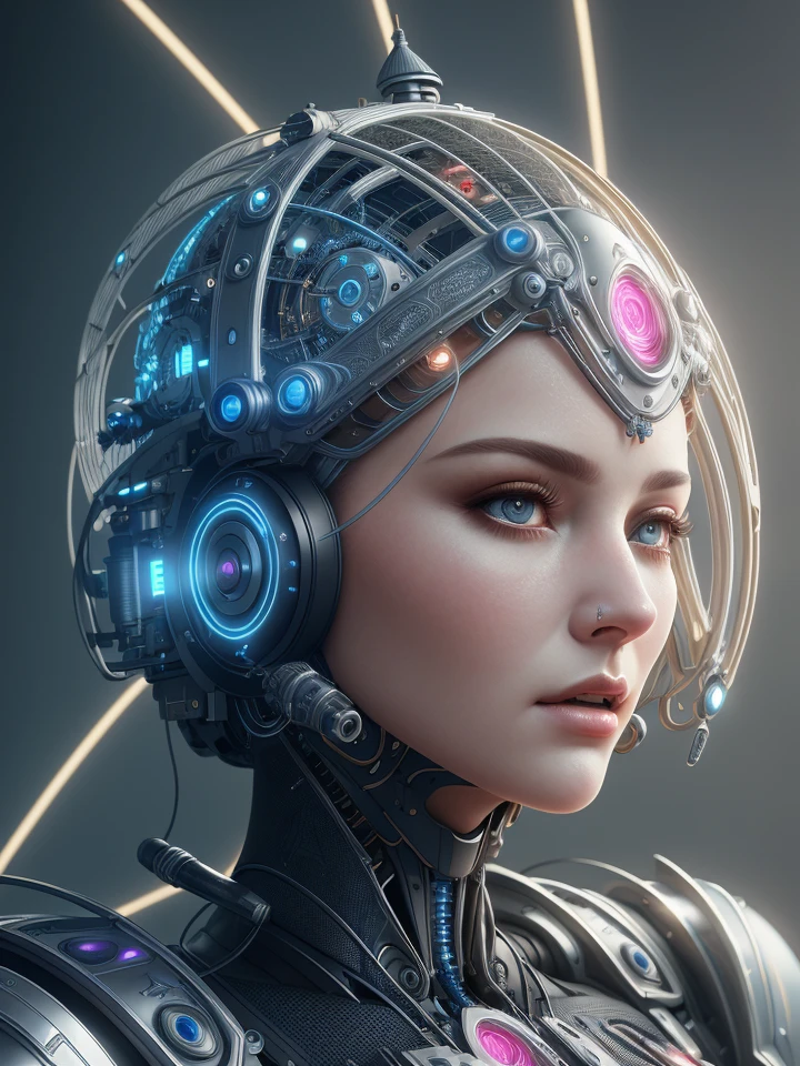 complex 3d render ultra detailed of a beautiful porcelain bust profile woman android face, cyborg, steampunk details, robotic parts, 150 mm, beautiful studio soft light, rim light, vibrant details, luxurious cyberpunk, lace, hyperrealistic, anatomical, facial muscles, cable electric wires, microchip, elegant, beautiful background, octane render, H. R. Giger style, 8k, best quality, masterpiece, illustration, an extremely delicate and beautiful, extremely detailed ,CG ,unity ,wallpaper, (realistic, photo-realistic:1.37),Amazing, finely detail, masterpiece,best quality,official art, extremely detailed CG unity 8k wallpaper, absurdres, incredibly absurdres, robot, silver driver helmet