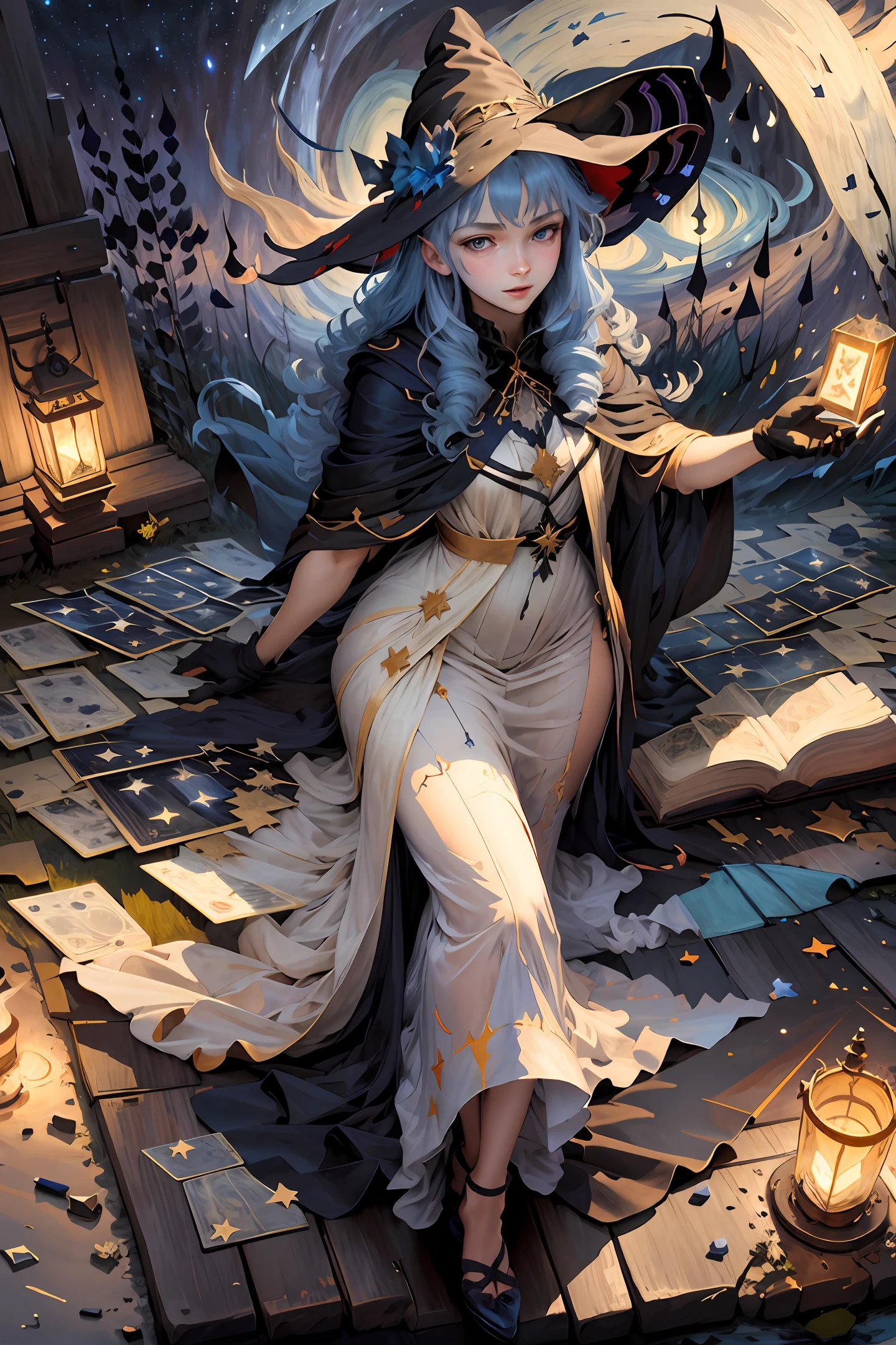 ((masterpiece:1.2, best quality)), 1girl, solo, (witch hat), blonde hair, long hair, dress, aurora, night, star (sky), gloves, sky, white dress, night sky, open mouth, starry sky, blue eyes, ribbon, very long hair, red dress, smile, hair ribbon, cape, blue hair, (bird), magic, casting spell, dark clouds, night, (impressionism:1.4), (tarot:1.3), alphonse mucha,