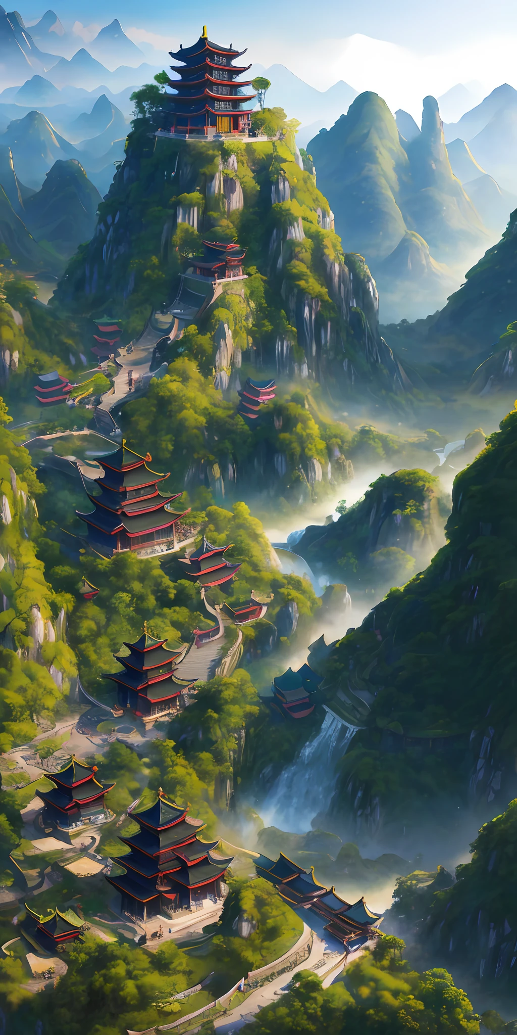 2. Mountain view with waterfall and pagoda in the middle, painted scene by Han Gan, winner of cg society competition, fantasy art, dreamy Chinese town, Chinese landscape, Chinese fantasy, made of trees and fantasy valley, ancient city view, order Impressive fantasy landscape, most epic landscape, pagoda on hill, mountainous jungle environment, avatar landscape, chinese village.