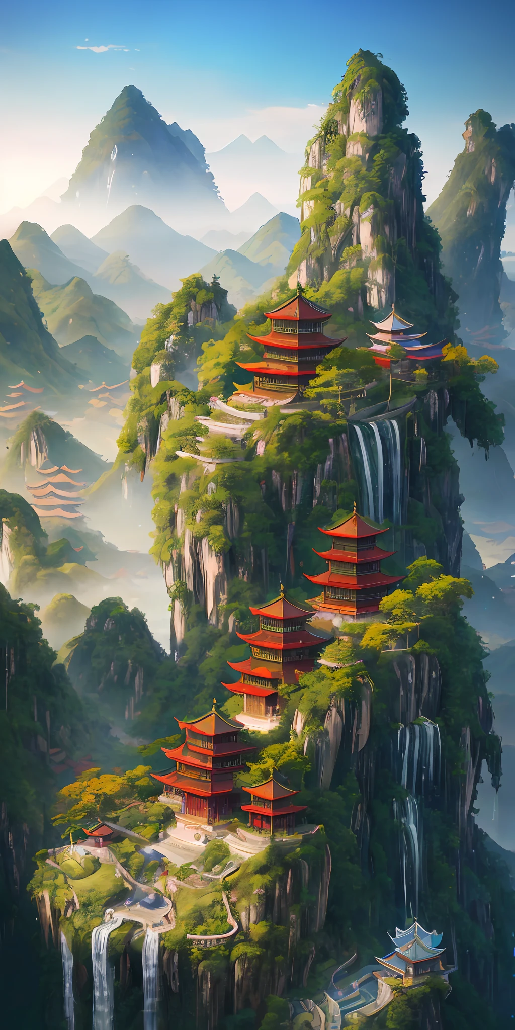 2. Mountain view with waterfall and pagoda in the middle, painted scene by Han Gan, winner of cg society competition, fantasy art, dreamy Chinese town, Chinese landscape, Chinese fantasy, made of trees and fantasy valley, ancient city view, order Impressive fantasy landscape, most epic landscape, pagoda on hill, mountainous jungle environment, avatar landscape, chinese village.