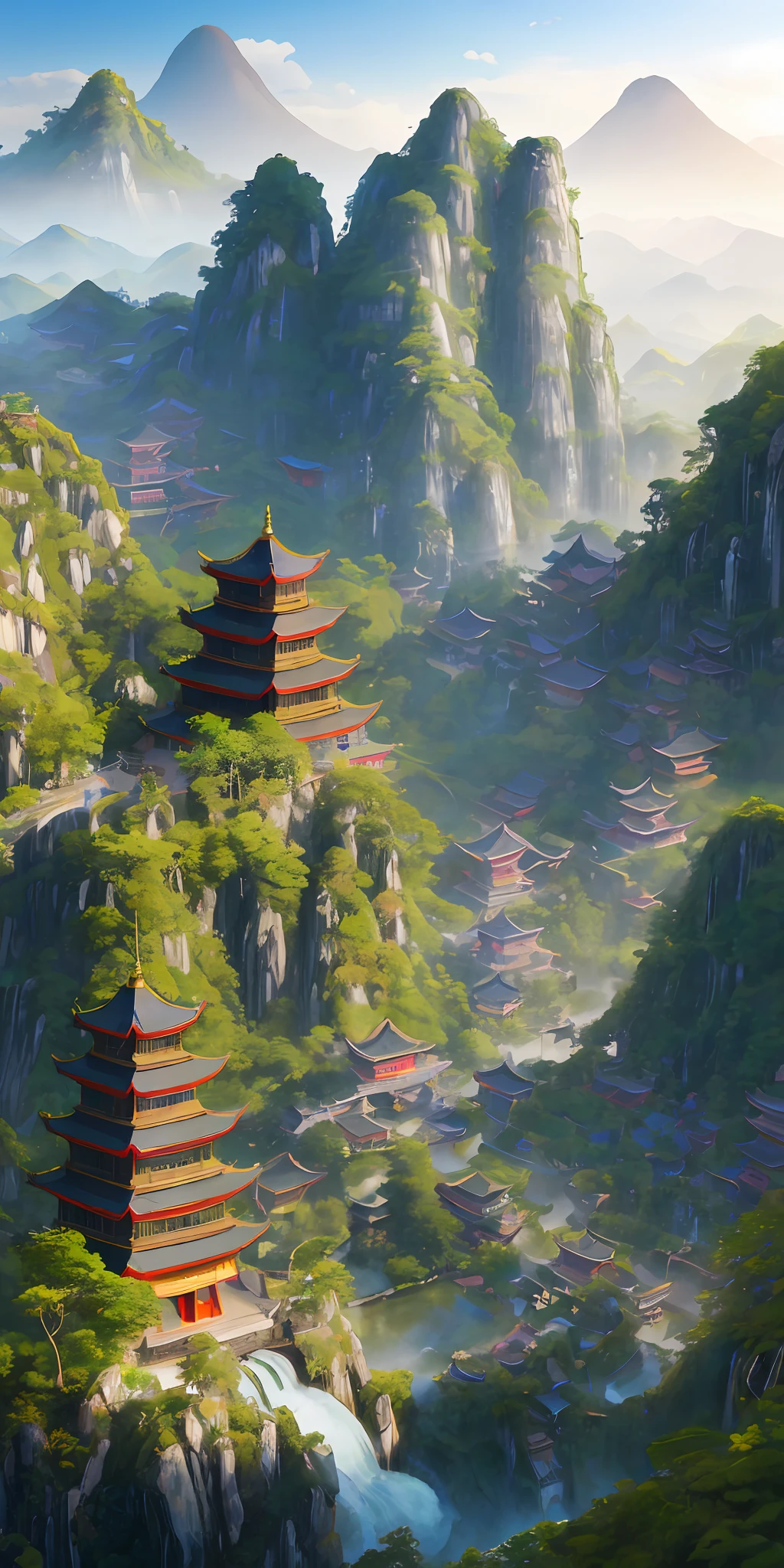 2. Mountain view with waterfall and pagoda in the middle, painted scene by Han Gan, winner of cg society competition, fantasy art, dreamy Chinese town, Chinese landscape, Chinese fantasy, made of trees and fantasy valley, ancient city view, order Impressive fantasy landscape, most epic landscape, pagoda on hill, mountainous jungle environment, avatar landscape, chinese village.