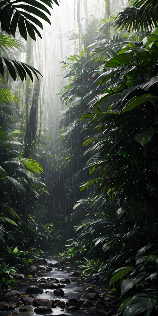 Jungle, heavy rainfall, monochrome, vines everywhere, huge and humid trees, masterpiece, best quality, high quality, very detailed CG unified 8k wallpaper, oil painting, award-winning photography, bokeh, depth of field, HDR, bloom, color difference, realism, very detailed, trends on artstation, trends on CGSociety, intricate, high detail, drama, midjourney art, volumetric lighting
