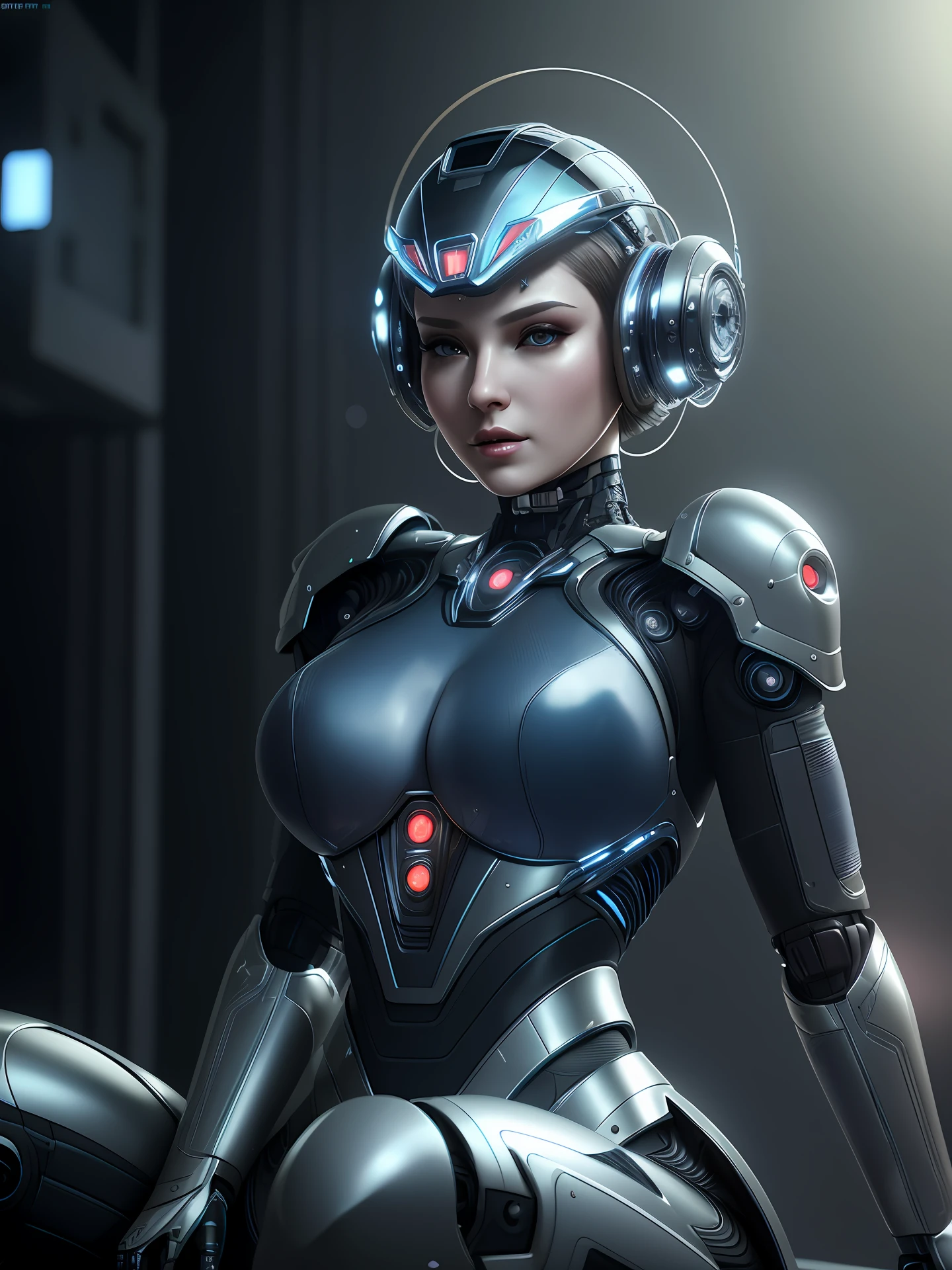 complex 3d render ultra detailed of a beautiful porcelain profile woman android face with motocycle cyber punk helmet, full body, sitting, cyborg, robotic parts, 150 mm, beautiful studio soft light, rim light, vibrant details, luxurious cyberpunk, lace, hyperrealistic, anatomical, facial muscles, cable electric wires, microchip, elegant, beautiful background, octane render, H. R. Giger style, 8k, best quality, masterpiece, illustration, an extremely delicate and beautiful, extremely detailed ,CG ,unity ,wallpaper, (realistic, photo-realistic:1.37),Amazing, finely detail, masterpiece,best quality,official art, extremely detailed CG unity 8k wallpaper, absurdres, incredibly absurdres, robot, silver halmet,